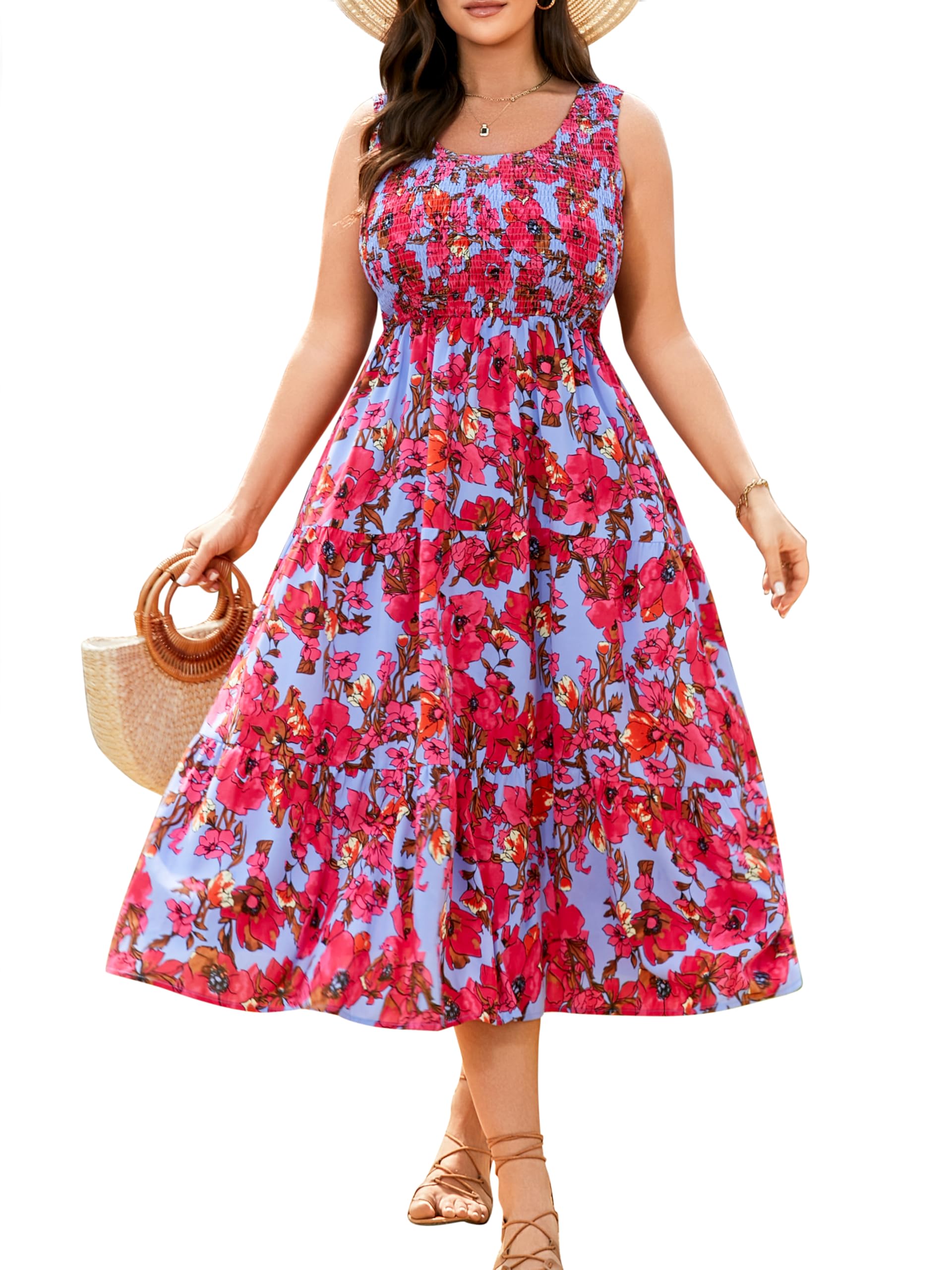 RWJ Plus Size Summer Sleeveless Tank Dress for Women Smocked Midi Sundress