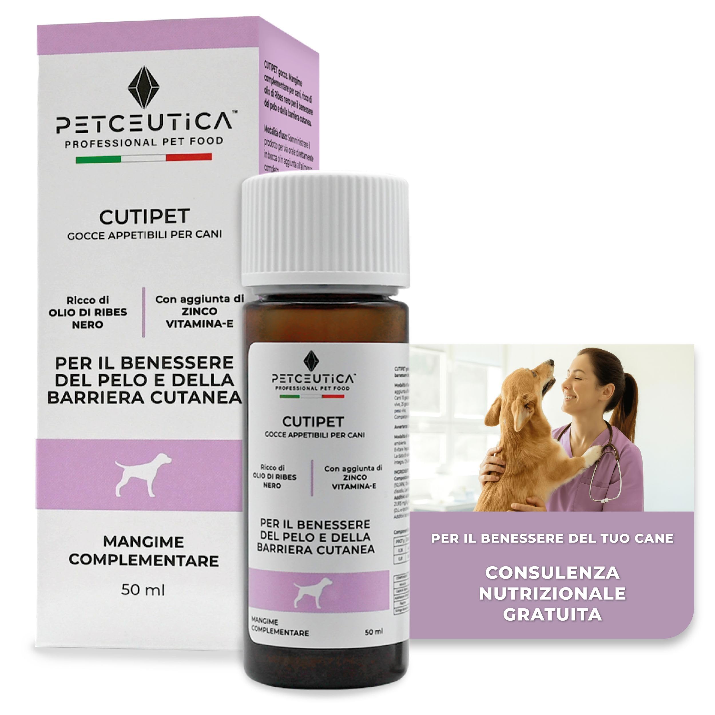 PETCEUTICA CUTIPET Integratore per Pelo Cane 50 ml, Olio di Ribes Nero, Zinco, Biotina, Gocce, Bianco, Made in Italy, con Siringa Dosatrice