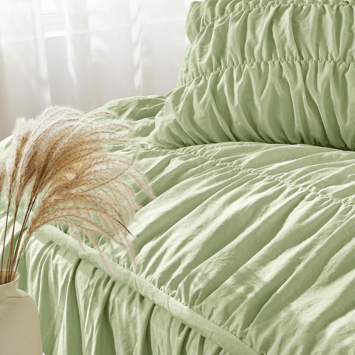 Bonlino Queen Comforter Set Green Bedding - Ruched Comforter Queen Size Bed Set Boho Shabby Chic Bedding for Bedroom Comforter Fluffy 3 Piece Ruffle Comforter Set Sage Green - Image 3