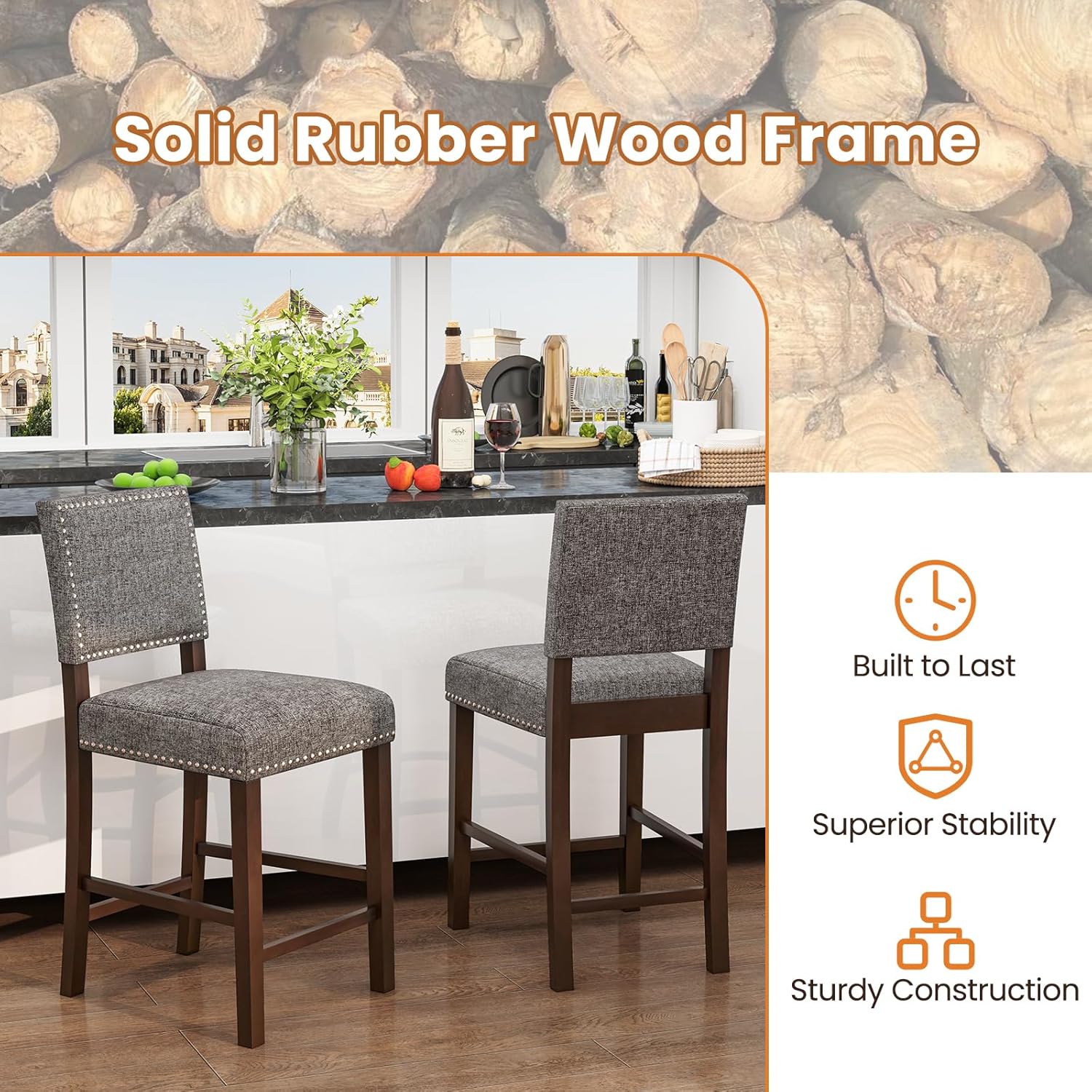 Giantex Bar Stools Set of 4, 26" Counter Height Stools w/Solid Rubber Wood Legs & Footrest, Modern Linen Fabric Bar Dining Chairs, Rivet Upholstered Barstools for Kitchen Island, Dining Room, Grey