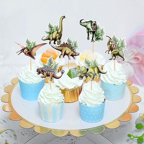 Miniatura 6 de Ercadio Paquete de 24 adornos de dinosaurio para magdalenas, color verde, 1 Rex Roar Dinosaur Cupcake Picks Dino Egg Happy Birthday Cupcake Toppers