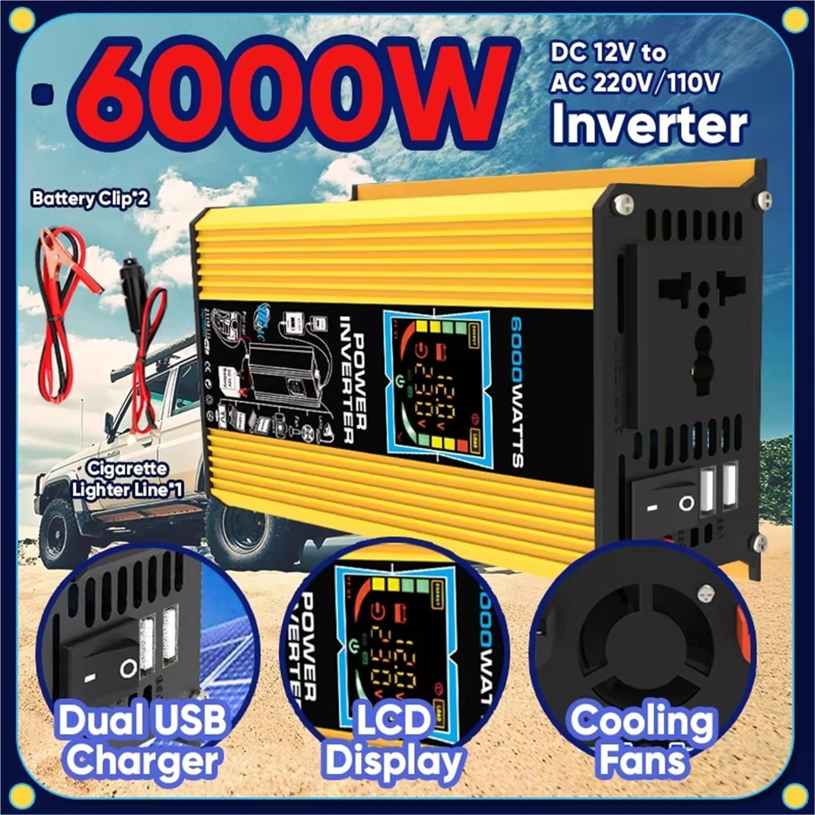 Inversor Inversor Energía Solar Vehículos 6000W (CC 12 V A CA 110 V/220 V) con Pantalla Digital USB Dual Autocaravanas Pequeños Electrodomésticos Inversor de Corriente(AC 110V)