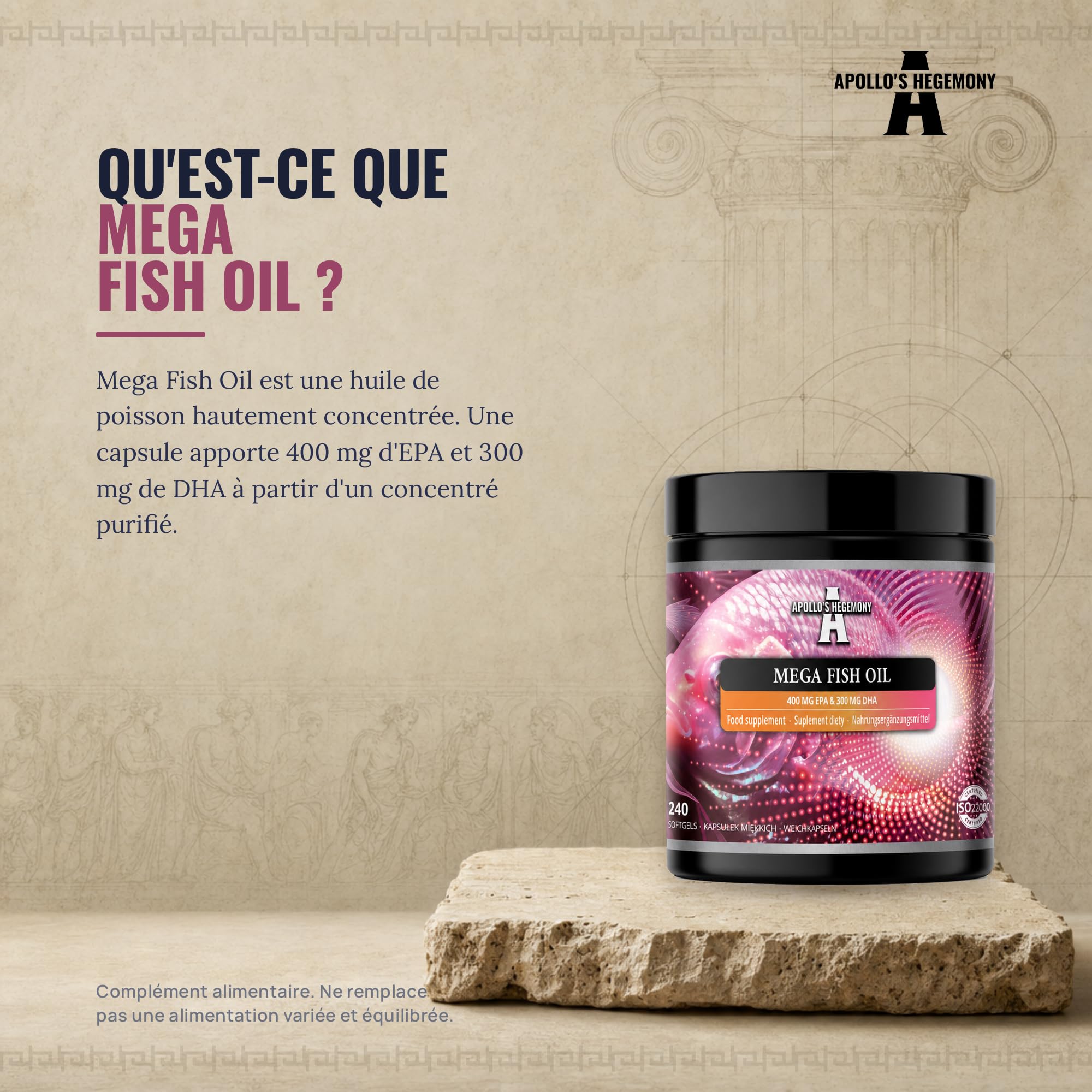 Mega Fish Oil 1000 mg par gélule - 240 softgels - 8 mois d'approvisionnement - Pour la santé du cœur, du cerveau et de la vision - Supplément oméga-3 de première qualité par Apollo's Hegemony