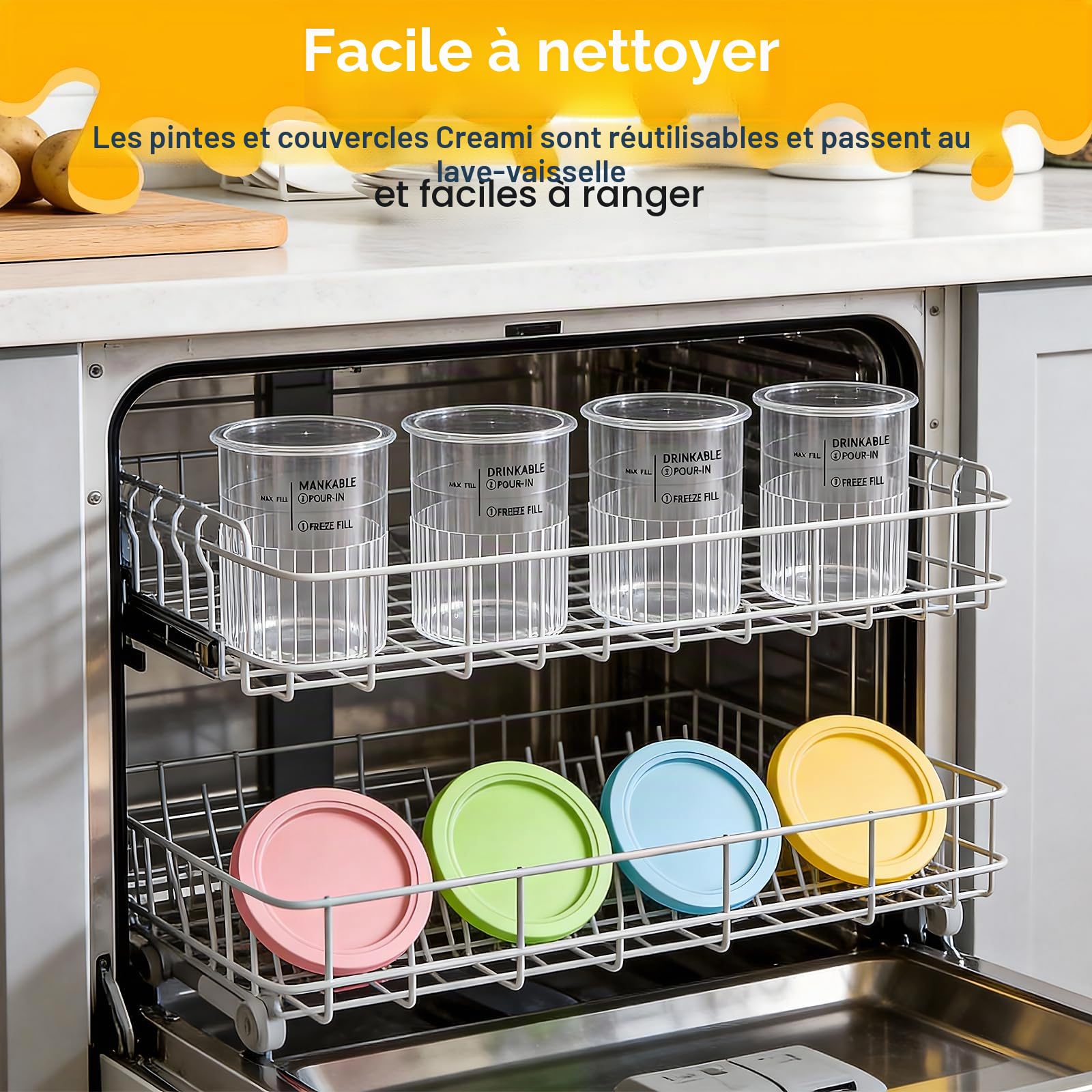 Kssvzz Lot de 4 Pots pour Ninja Creamy Deluxe, 680ML Bacs Compatible avec Ninja NC501/NC500 Series, Accessoires pour Machine à Glace avec Cuillère en Aluminium, Lave-Vaisselle, sans BPA