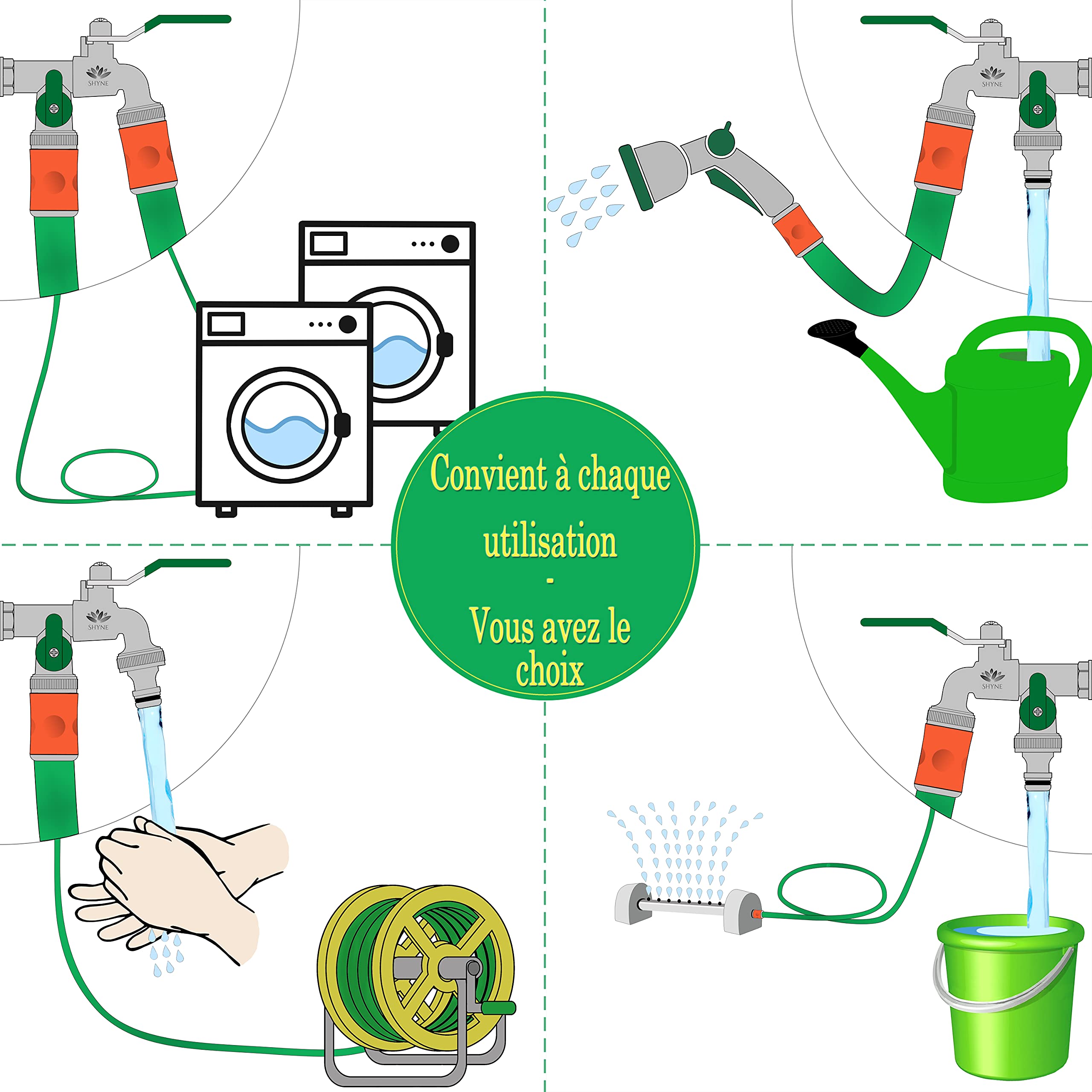 SHYNE 1/2'' Pouce (15/21) Robinet d'eau en Laiton Double de Qualité Supérieure, Résistant à la Rouille et au Gel + 2X Raccords de Tuyau Gratuits + Ebook | Pour Jardin, Machine à Laver, Baril de Pluie