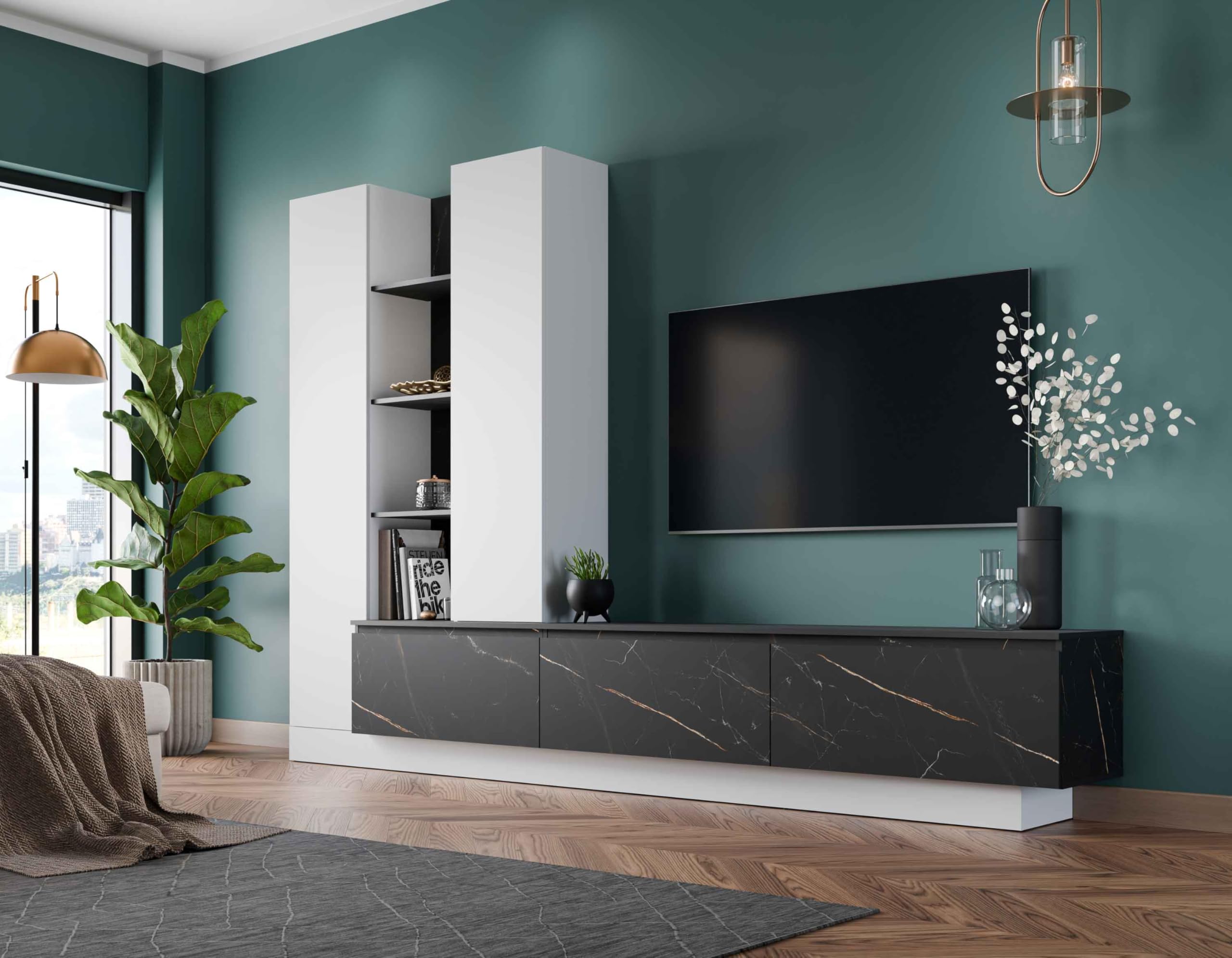 AVANTI TRENDSTORE - Wiara Parete attrezzata Bianco/Effetto Ceramica con 2 ante battenti, 3 ante a ribalta.