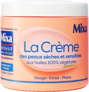 Mixa Intensif - Crème Visage, Corps, Mains - Pour Peaux Sèches & Sensibles - Huiles 100% Végétales - 400 ml