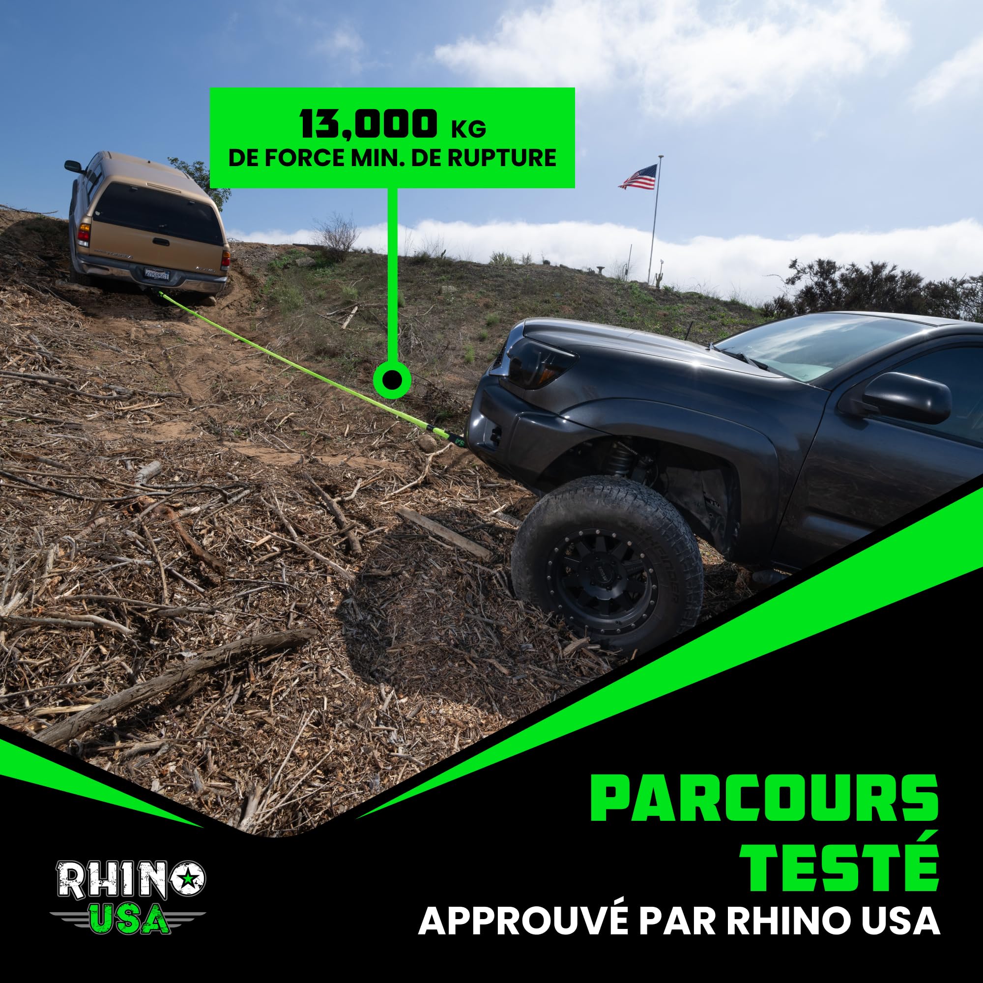 Rhino USA Kit de Récupération de Corde Cinétique 13,000 kg - 2.2 cm x 9 m - Sangle Remorquage Voiture Tout-Terrain avec 2 Manille Treuil 4x4 pour UTV ATV LKW Tracteur Camion Quad - Vert