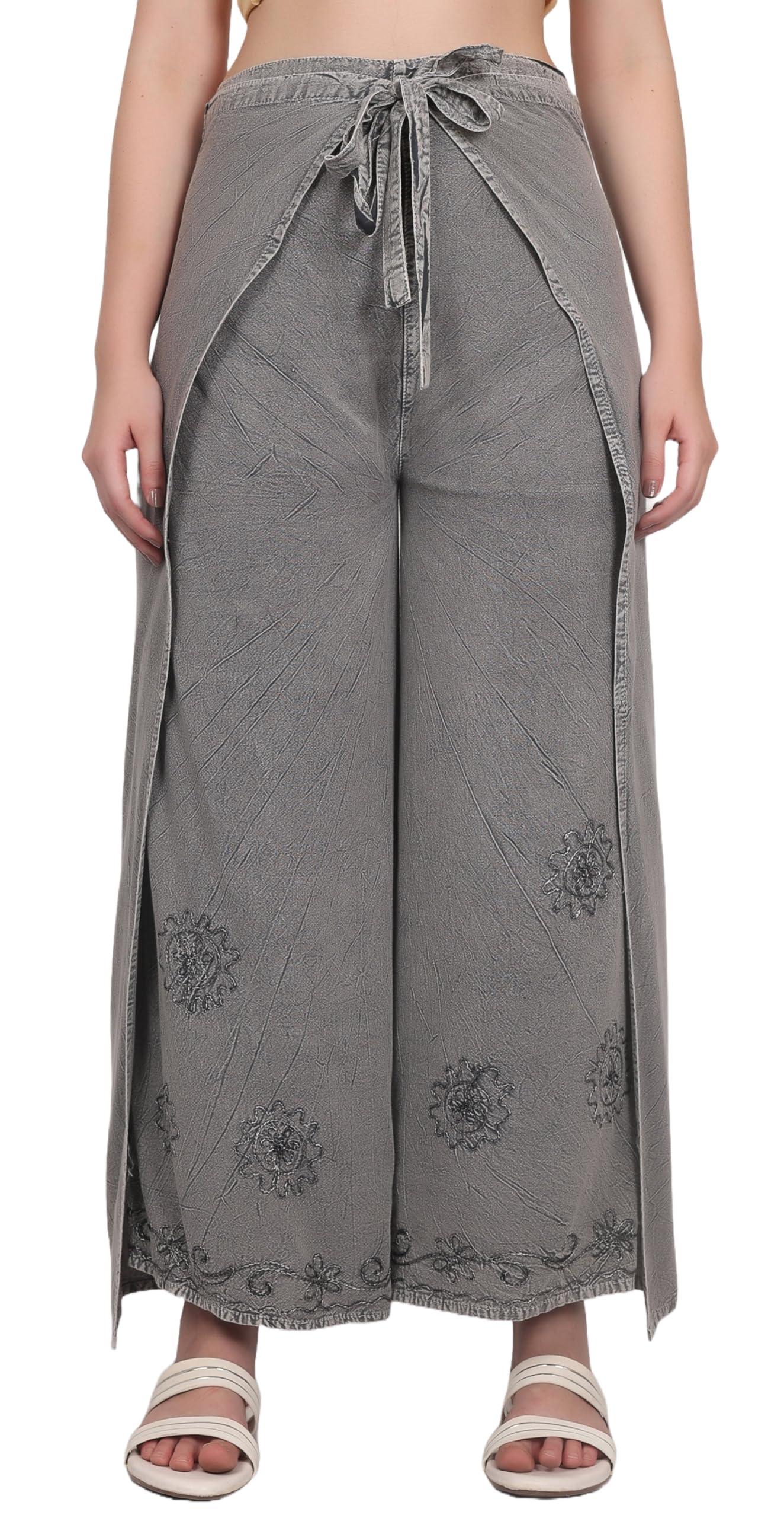 Whitewhale Women's Grey Split Wide Leg Long Embroidered Rayon Wrap Palazzo Pant