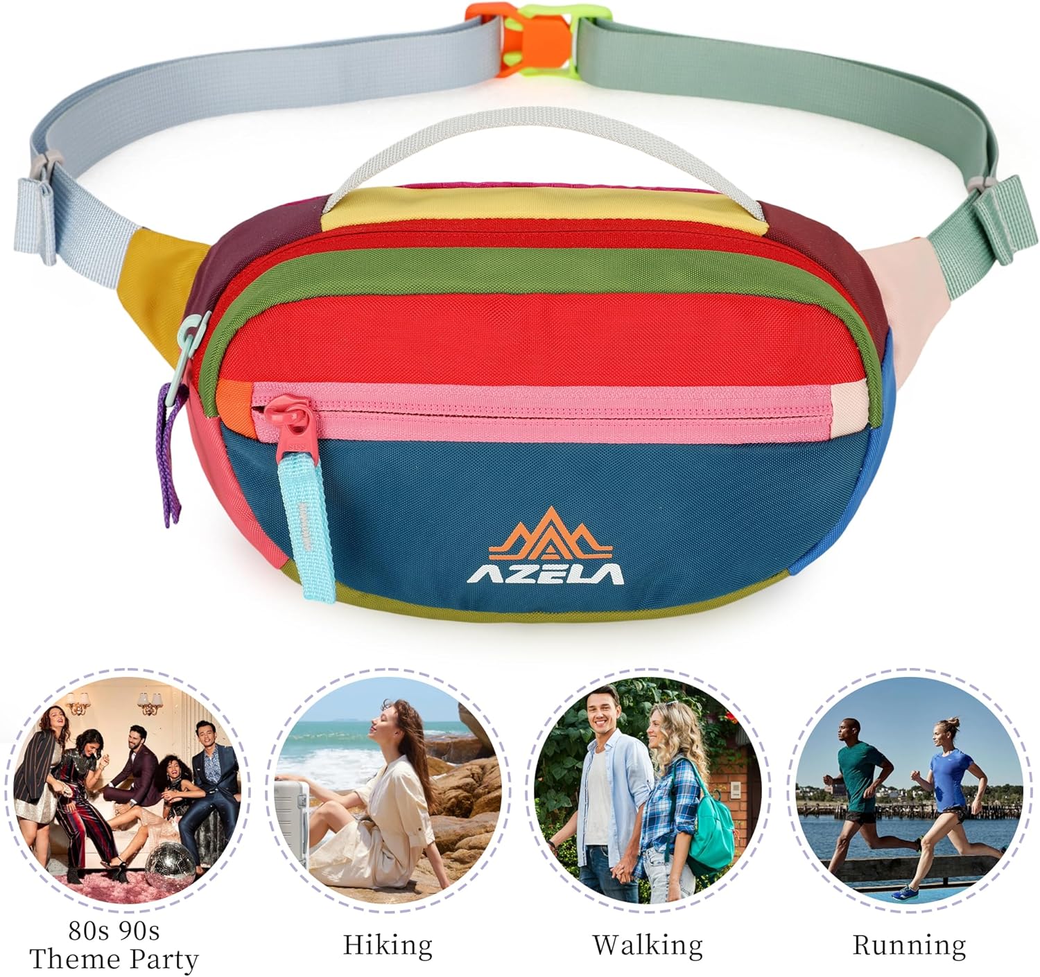 Retro Fanny Pack for Women Men Hiking Waist Packs 2 Pockets Color-blocking Belt Bags for Festival 80s 90s Theme Party Running Traveling (Blue) - Image 8