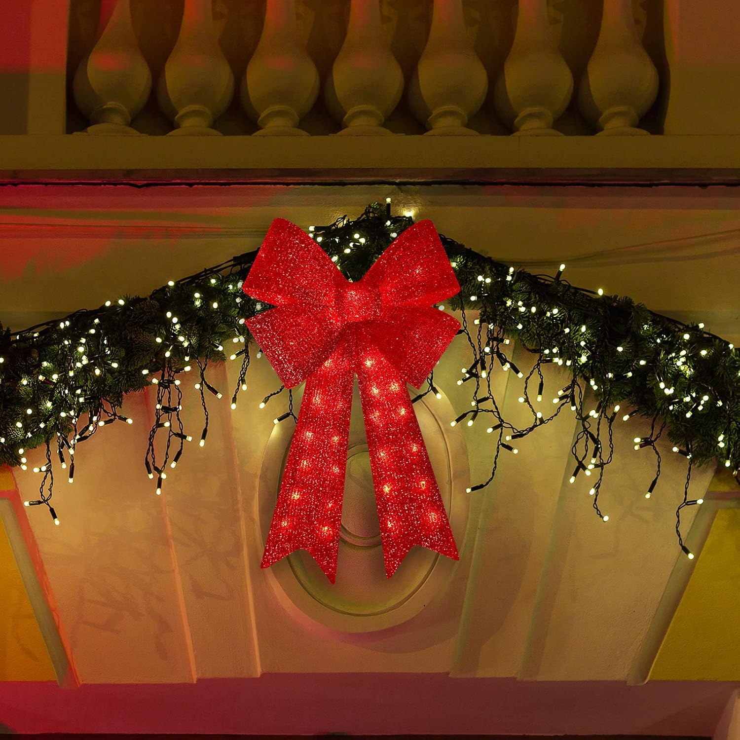 82cm(32in) 72LED Christmas Tree Topper Decorative Bows, Christmas Glitter Red Bows for Indoor Outdoor Christmas Tree Parties Decorations