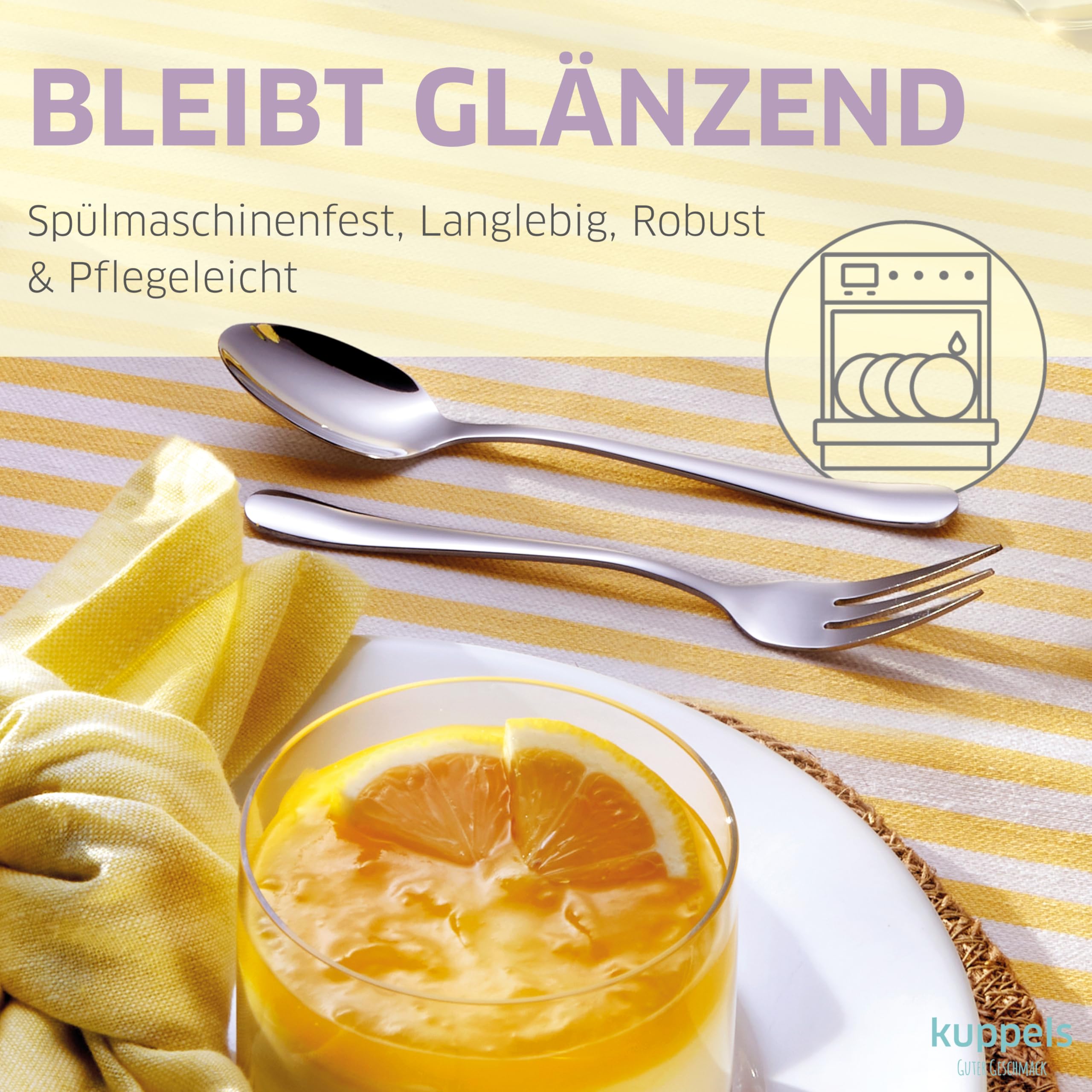 Kuppels Delia Besteck Set 30-tlg, 6 Personen, Edelstahl hochglanzpoliert | Menümesser, Menügabeln, Menülöffel, Kaffeelöffel, Kuchengabeln, spülmaschinenfest, modernes glamouröses Design
