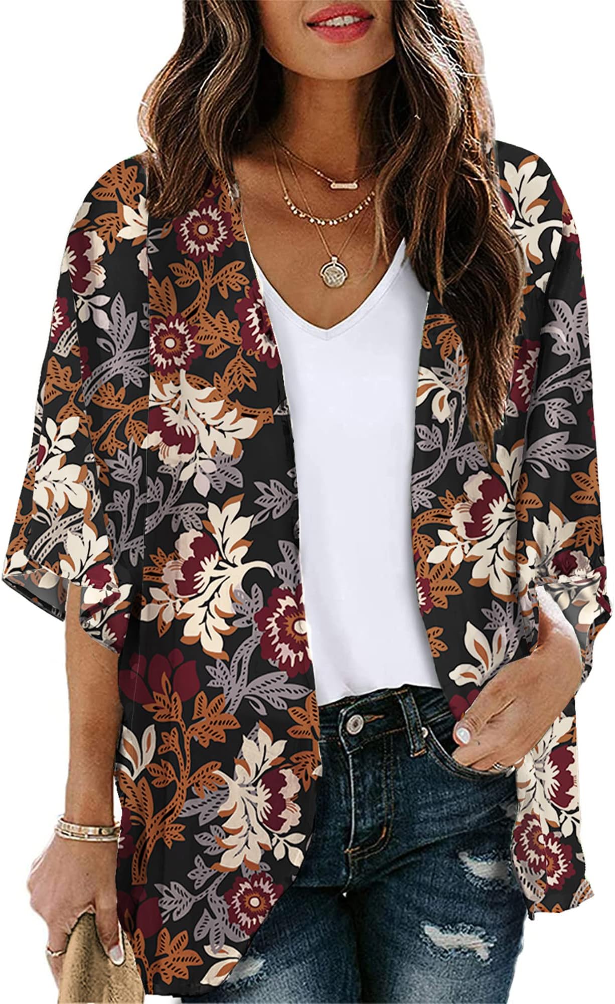 Chunoy Women Loose Lightweight Chiffon Kimono Cardigan Short Sleeve Beach Wear Cover Up Blouse Top Medium, R 13, Medium