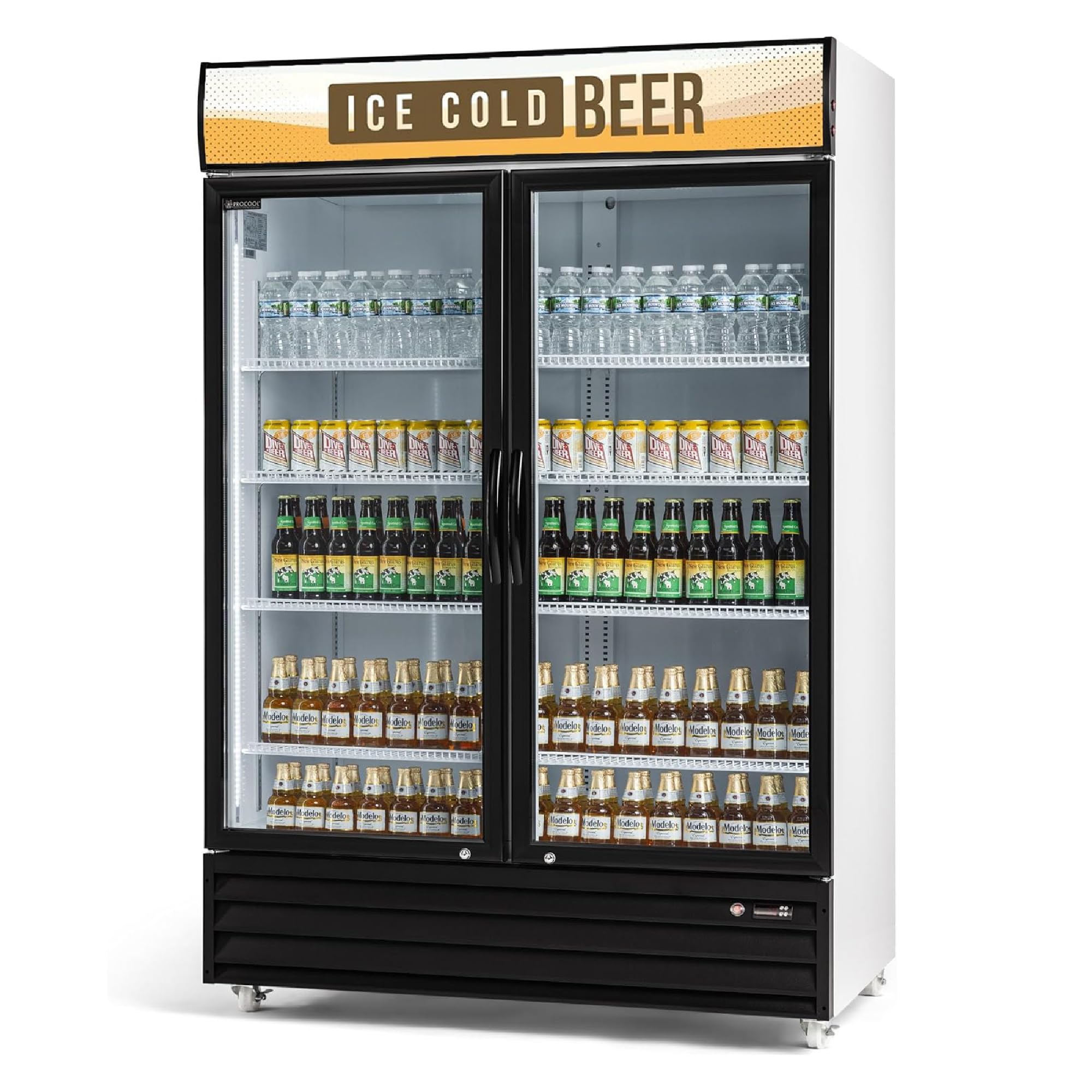 Procool White Display Refrigerator, 43 CuFt, 2 Door, Ice Cold Beer Sign