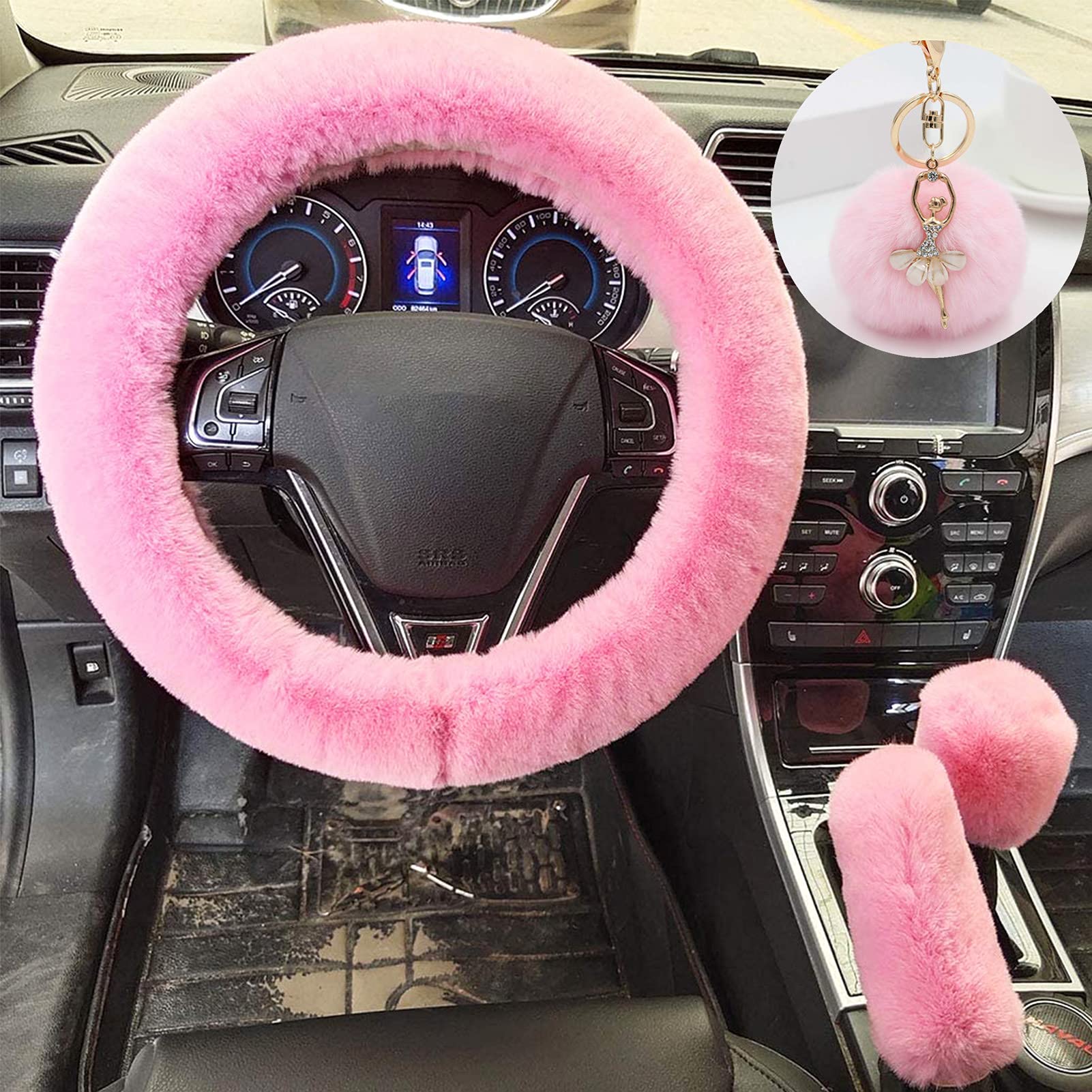 ZYNQACC 4PCS Set Fluffy Steering Wheel Covers with Handbrake Cover&Gear Shift Cover&Plush Keychain Faux Wool Furry Steering Wheel Cover For Women Auto