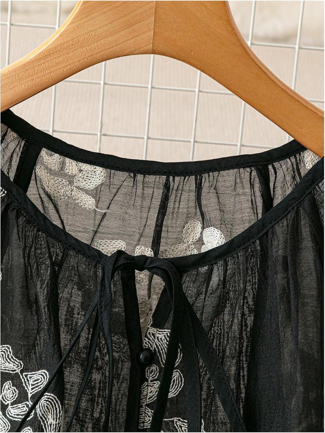 GORGLITTER Women's Boho Peasant Blouses Floral Embroidered Tops Summer Sheer Tie Front Flowy Long Sleeve Button Up Shirts - Image 3