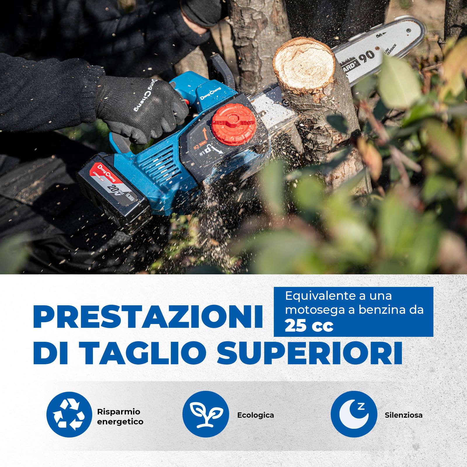 DongCheng Motosega a batteria 20V, brushless, 12 m/s, lama OREGON 30cm, 2x4,0Ah. Tendicatena senza attrezzi, lubrificazione automatica, 2kg (senza batteria), Giardino, legna, potatura