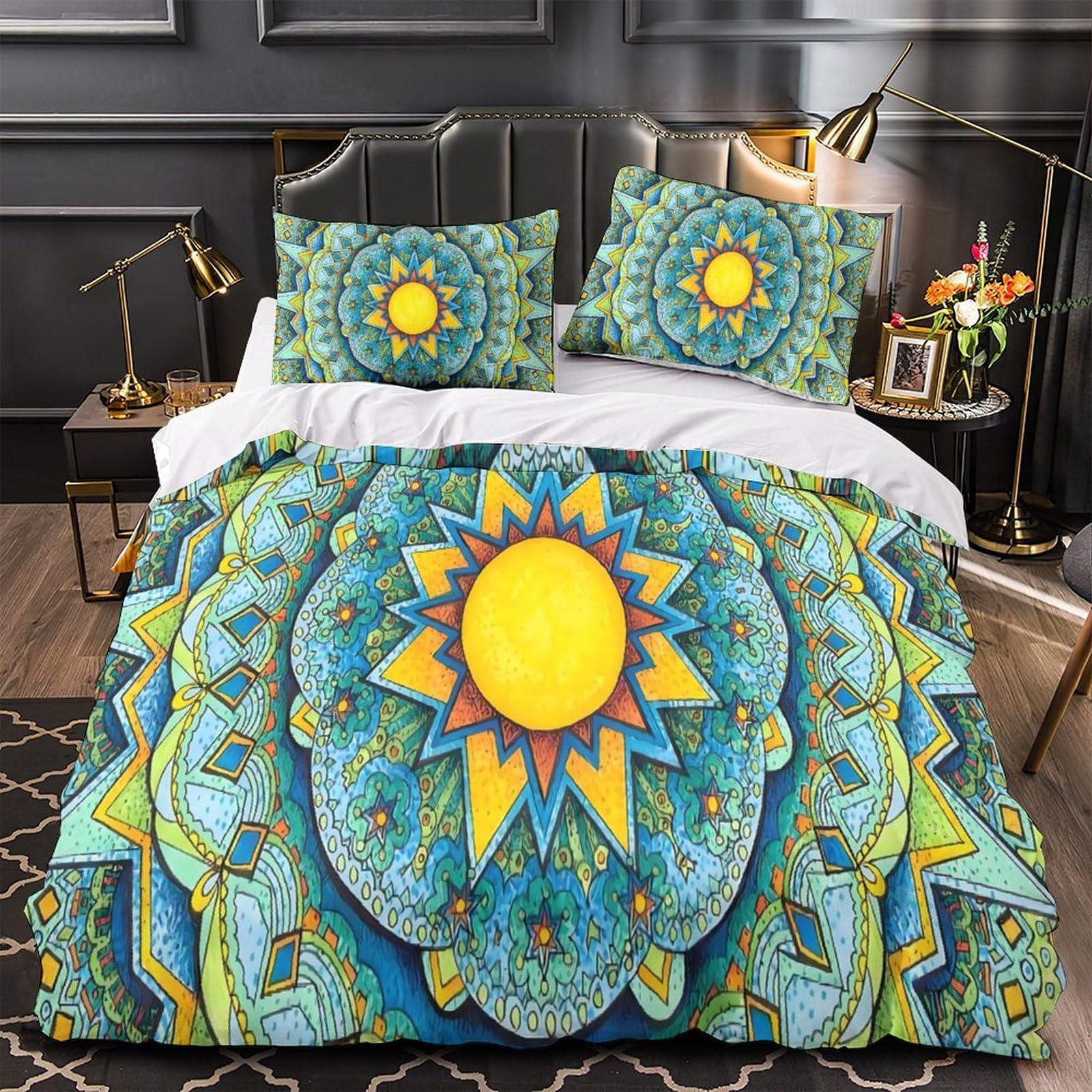 Housse de couette mandala 140x200 microfibre avec parure de lit colorée 3D Design Soleil