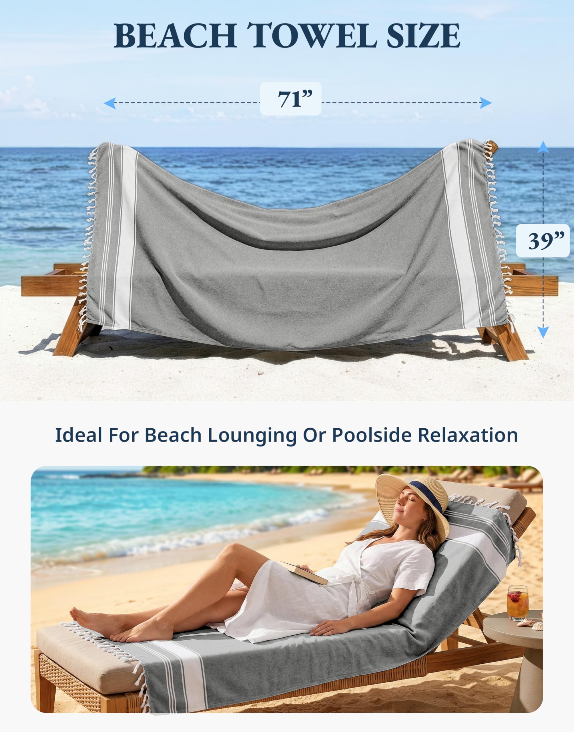 LANE LINEN Lot de 4 serviettes de plage 100 % coton avec sac, surdimensionnées, absorbantes pour piscine, voyage au sable, séchage rapide, 99 x 180 cm, noir fumé
