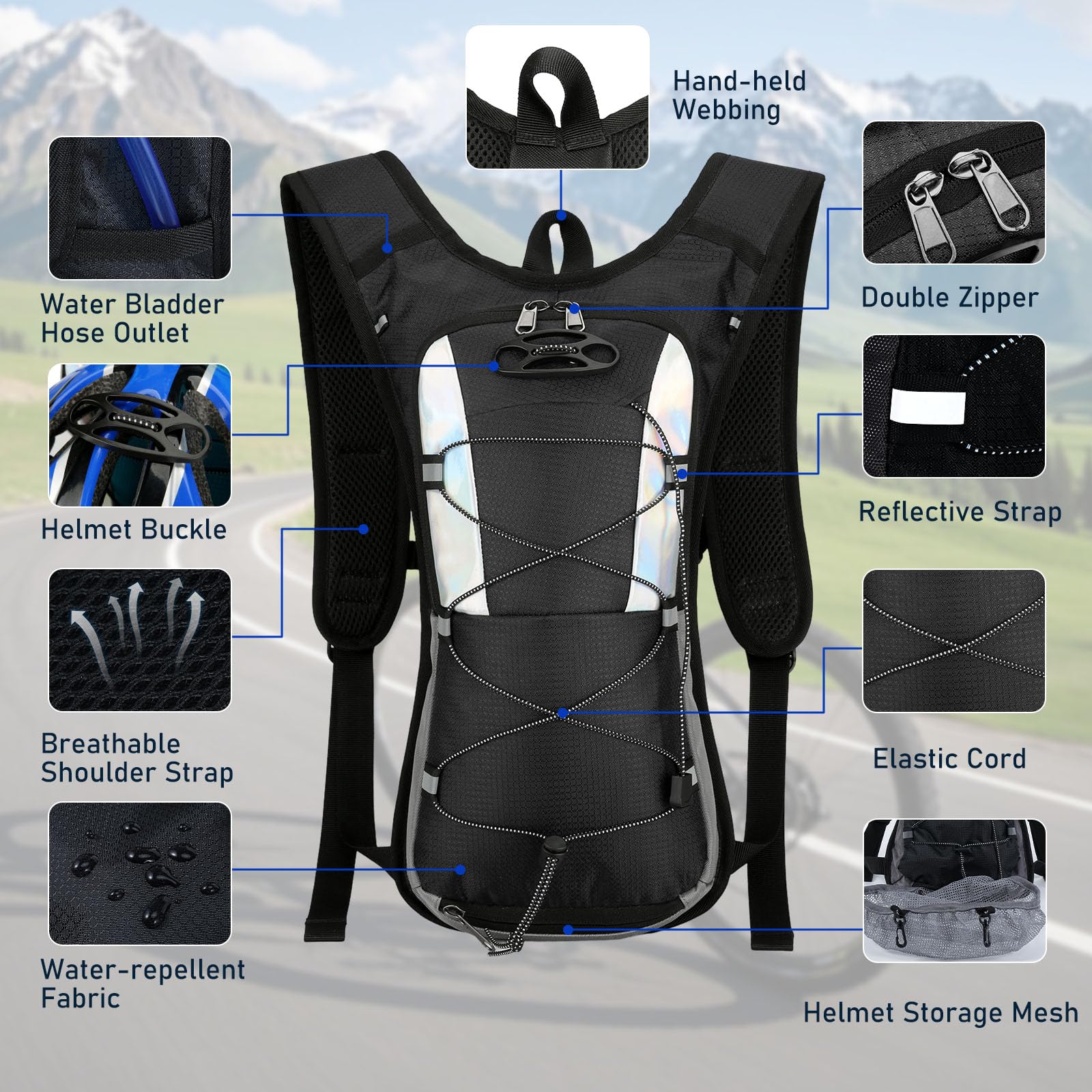 Mochila de Hidratación con Bolsa de Agua 2L, Mochila Hidrófugo para Running y Ciclismo MTB con Red para Casco y Tiras Reflectantes - Ligera Unisex para Trail, Senderismo, Maratón - 5