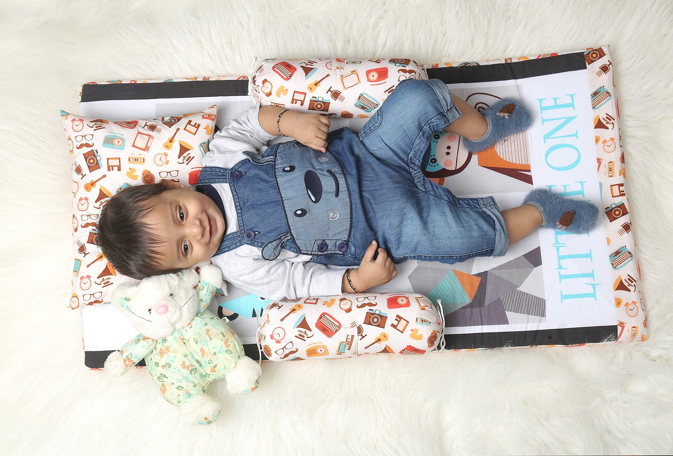 NEW COMERS®Baby Bedding Set for New Born Cotton 5 Pieces Foldable Set with Pillow,Bolsters and Tent Mosquito Net|Infant Playmat and Cot|Toddler Mattress -86X51 cm(0-18 Month)-305 3