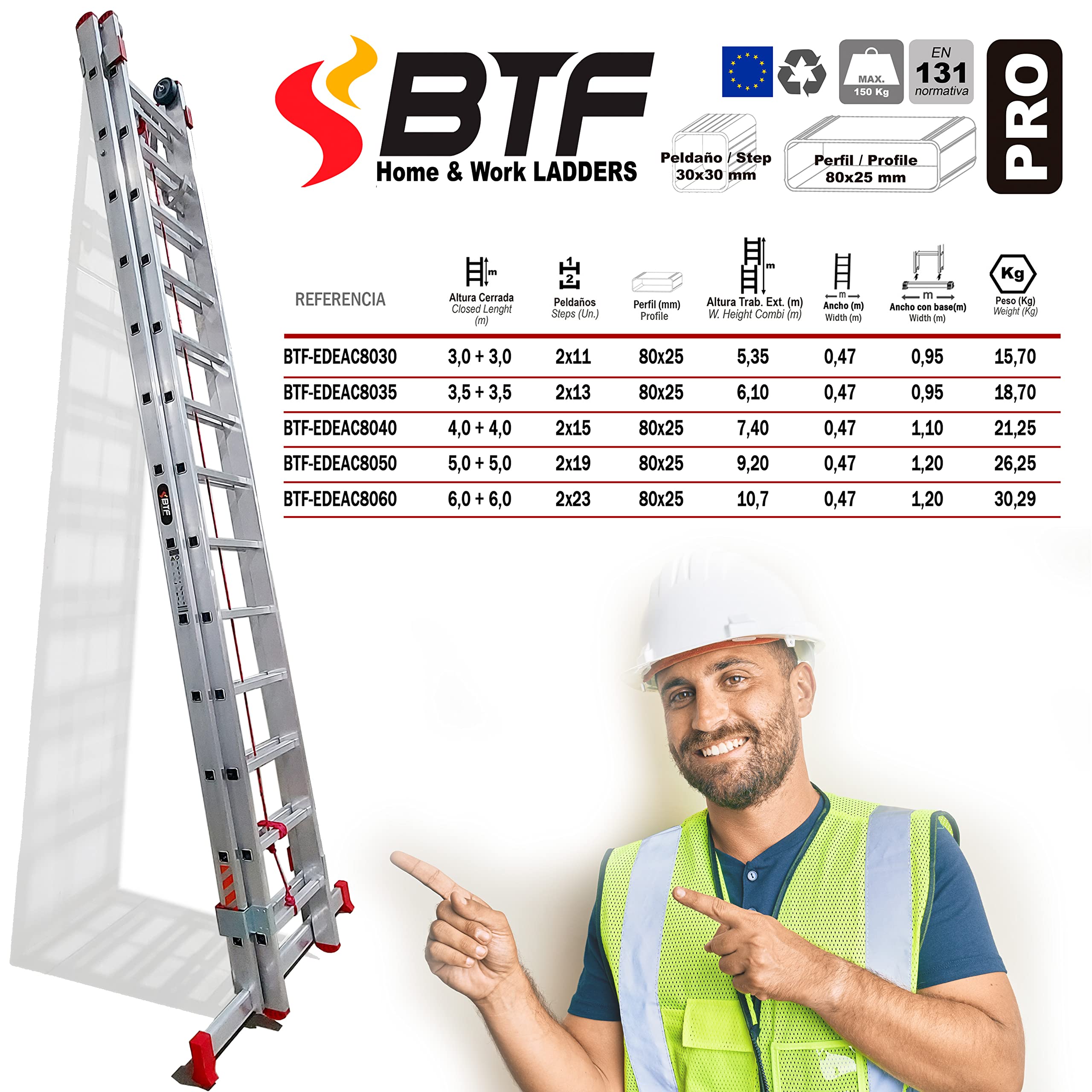 BTF Escalera de Mano Profesional de Aluminio 2 Tramos x 11 Peldaños, Extensible por Cuerda, Altura Extendida 5,6m, Barra Estabilizadora | Uso Profesional, Carga 150kg, Norma EN131. Ref: BTF-EDEAC8035