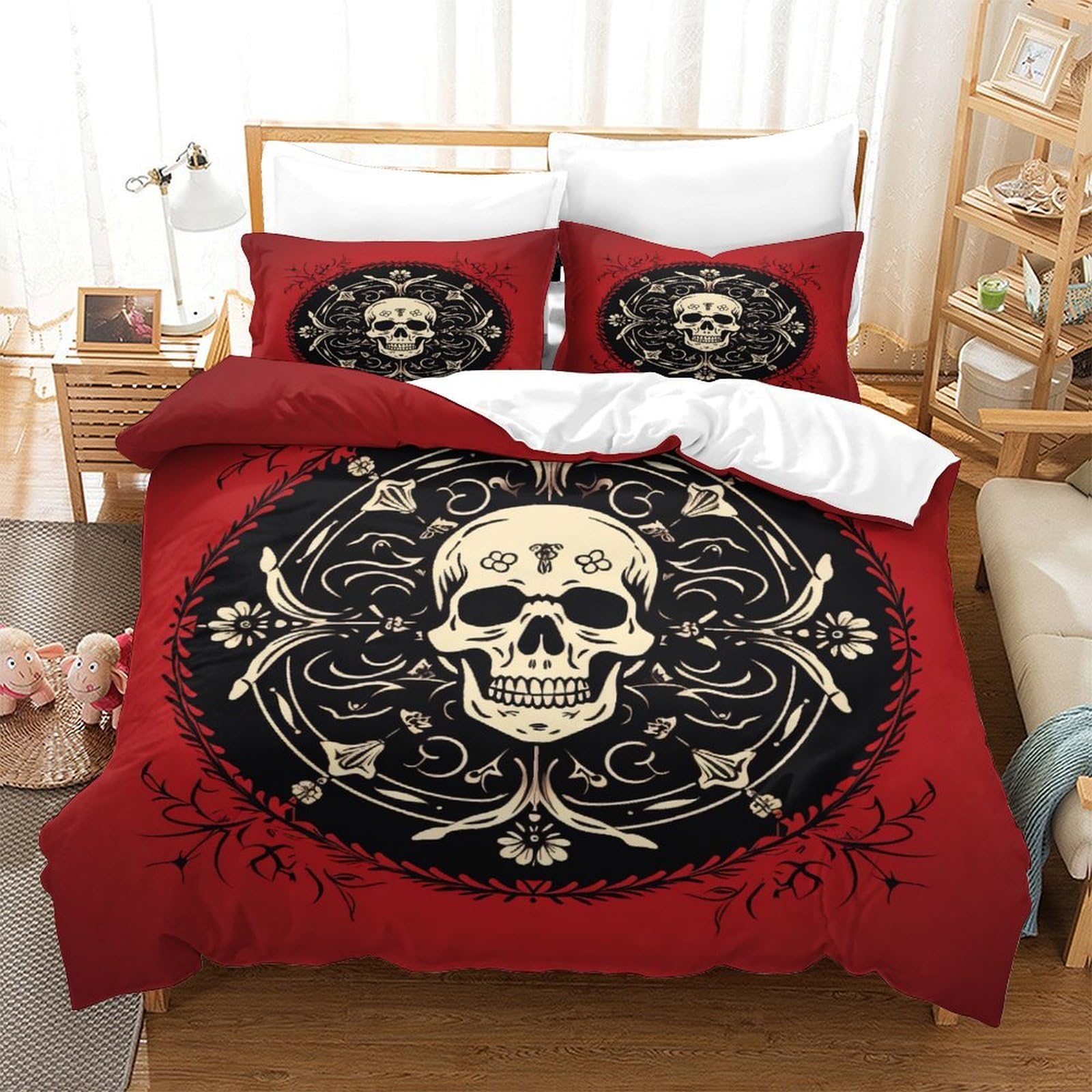 P1S9U7W5Y Gothic 3D Printed Skull Duvet Cover Set 3pcs Microfiber Skeleton Bedding Set Double