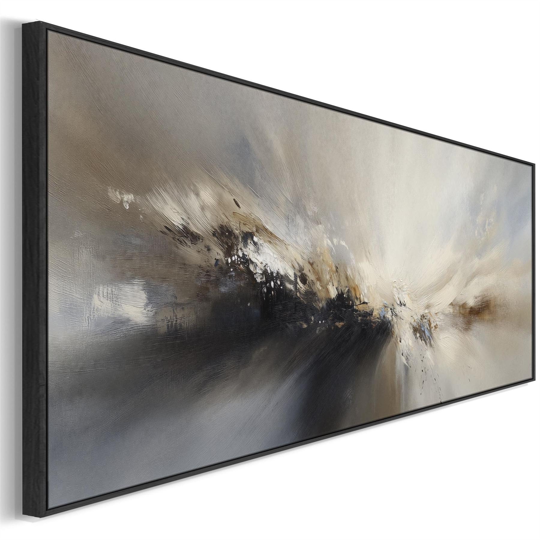 Wallfillers Grey Neutral Long Framed Wide Canvas Art Panoramic Abstract Landscape For Kitchen Dining Room (100 X 37Cm)