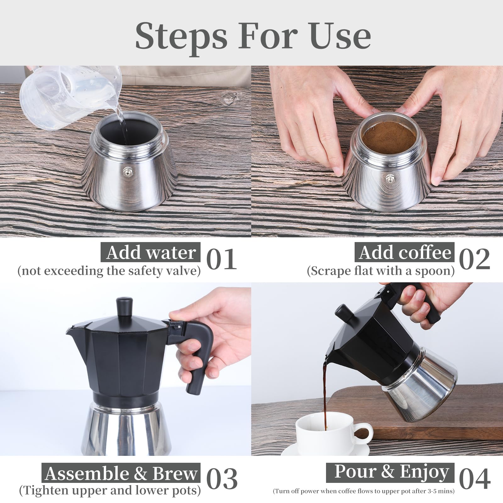 Romon Caffettiera Induzione, Caffè Moka Espresso Elettrica Macchinetta Moke Caffettiere Acciaio Inossidabile, Adatta a Tutti i Tipi di Piatti, 6 Tazze Alluminio per Casa Ufficio Campeggio, Nero 300ml