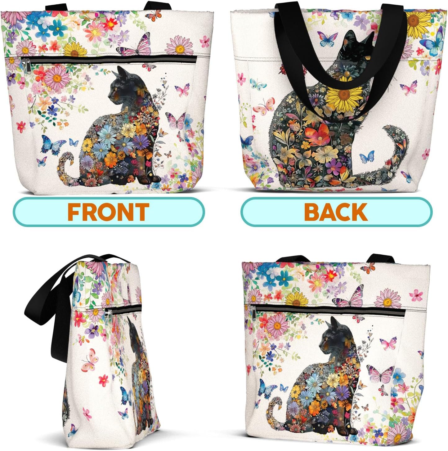 Waterproof Tote Bag with Pockets and Zipper for Work. Shoulder Bag for Women. Gift for Cat Lover Cat Owner. - Image 6