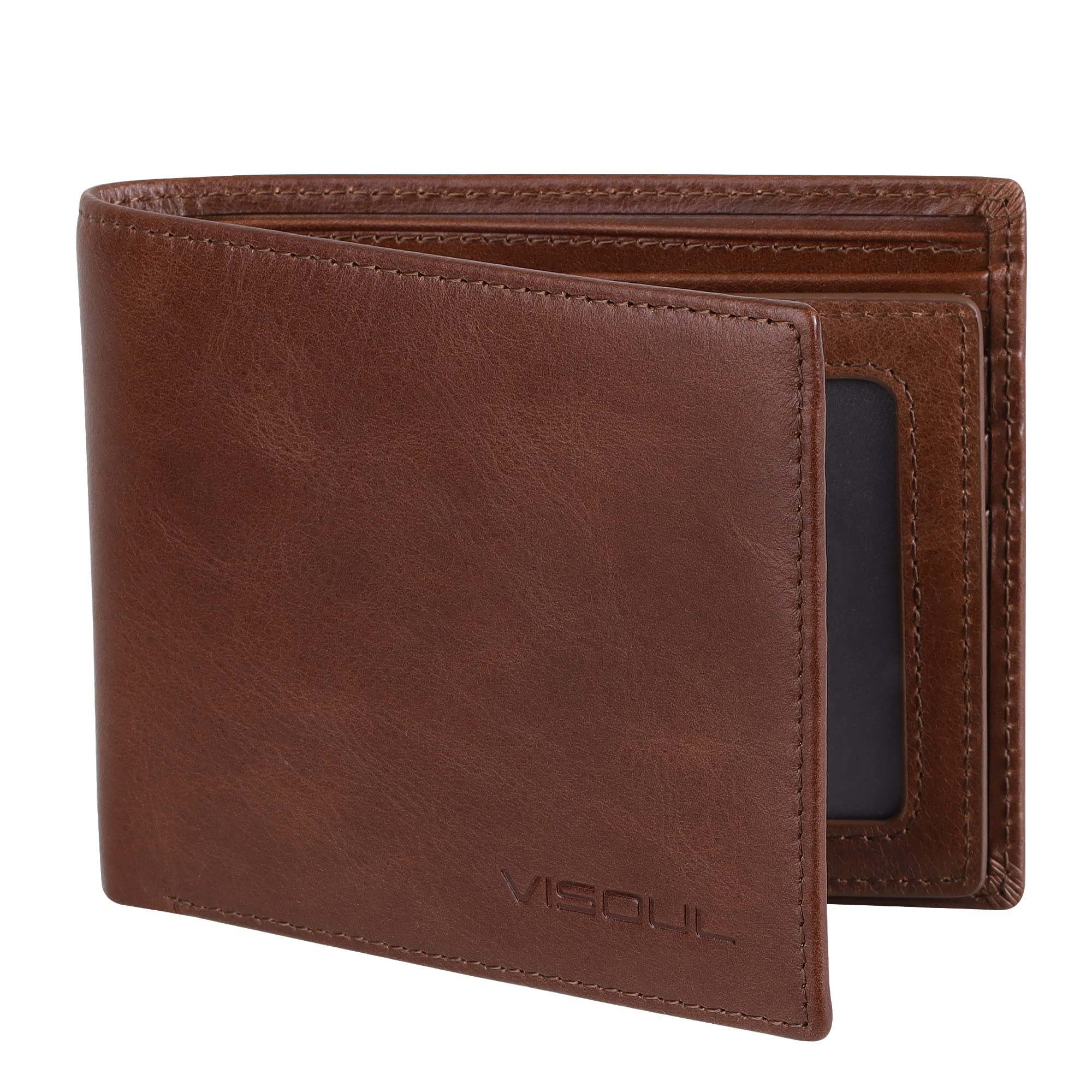 VISOUL Leather Wallets Bifold for Men with 2 ID Windwows, Men's Designer Card Holder Wallets with RFID Blocking (Brown)