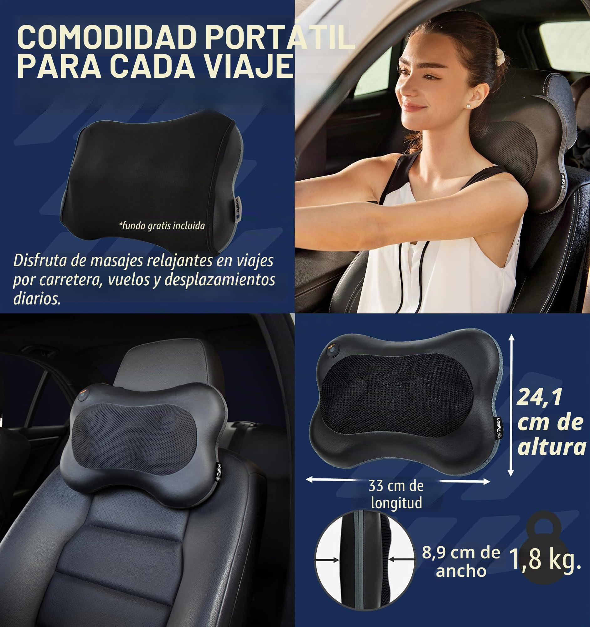 Zyllion Masajeador Shiatsu Espalda y Cuello – Almohada de Masaje Profundo con Calor para Dolor Muscular, Inalámbrico y Recargable – Masajeador Cervical y Espalda 3D, Negro, (ZMA-13RB-BK)