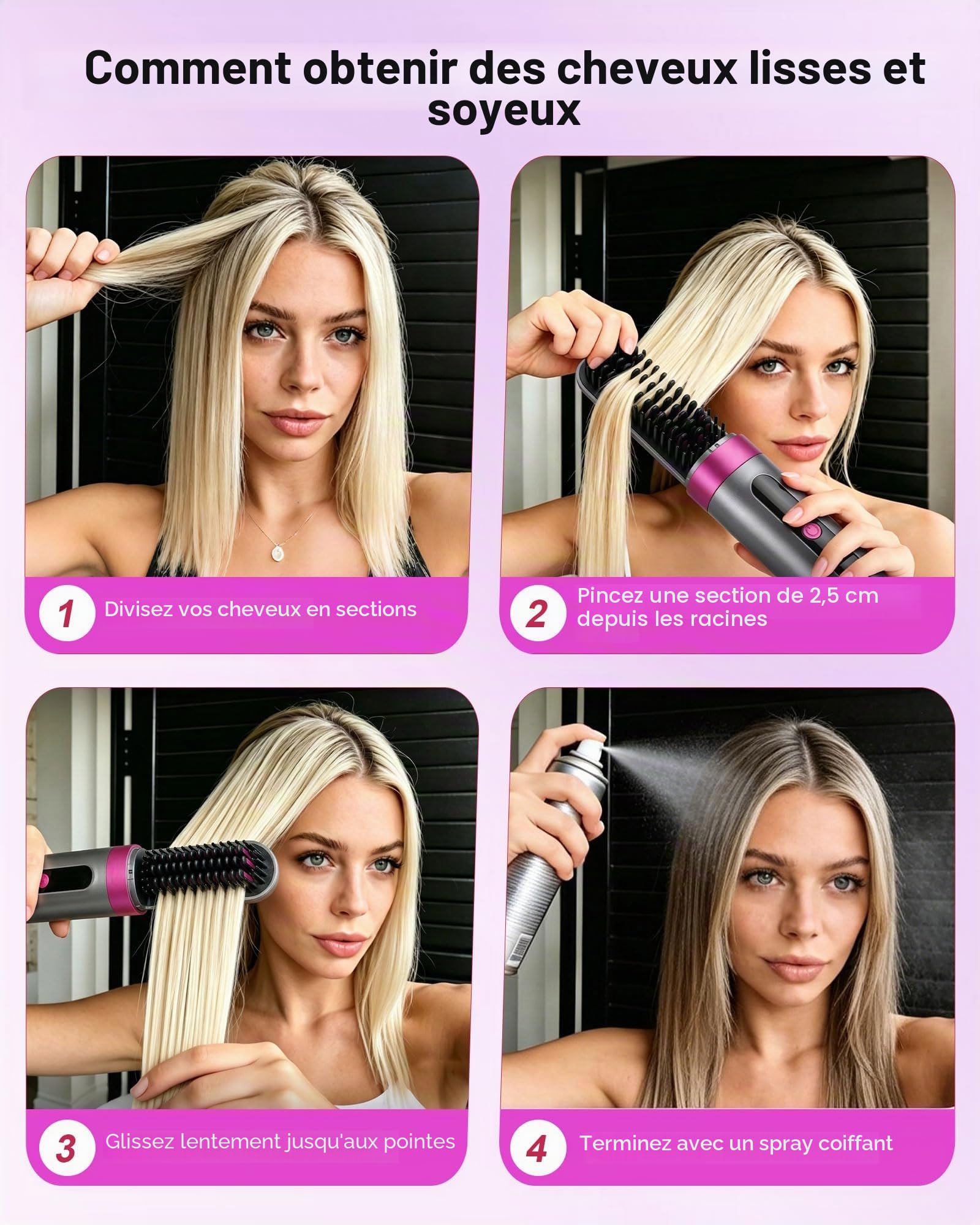 Brosse à lisser sans fil avec batterie, brosse lissante ionique 160–200 °C, 3 niveaux de température, écran LED, brosse à lisser en céramique USB-C, portable pour voyage et coiffage
