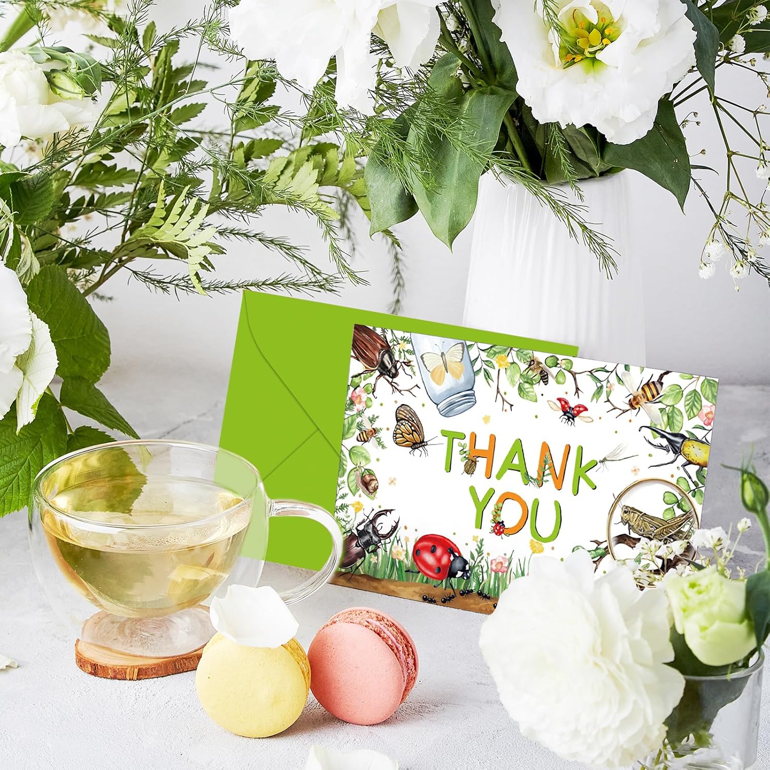 24 Pack Insects Thank You Cards with Envelopes Stickers Watercolor Green Ladybug Butterfly Bee Ant Magnifying Glass Blank Note Cards for Baby Shower Birthday Supplies - Image 6