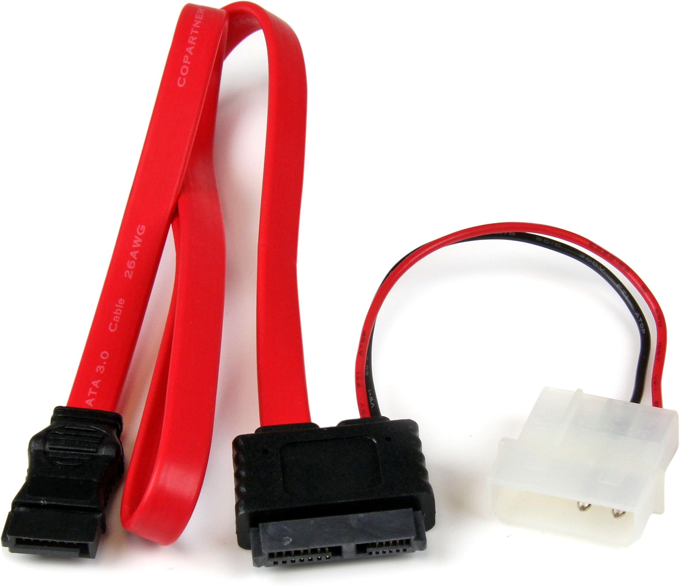20in Slimline SATA to SATA with LP4 Power Cable Adapter - slim SATA Adapter - slimline Adapter - slim SATA to SATA (SLSATAF20) Red