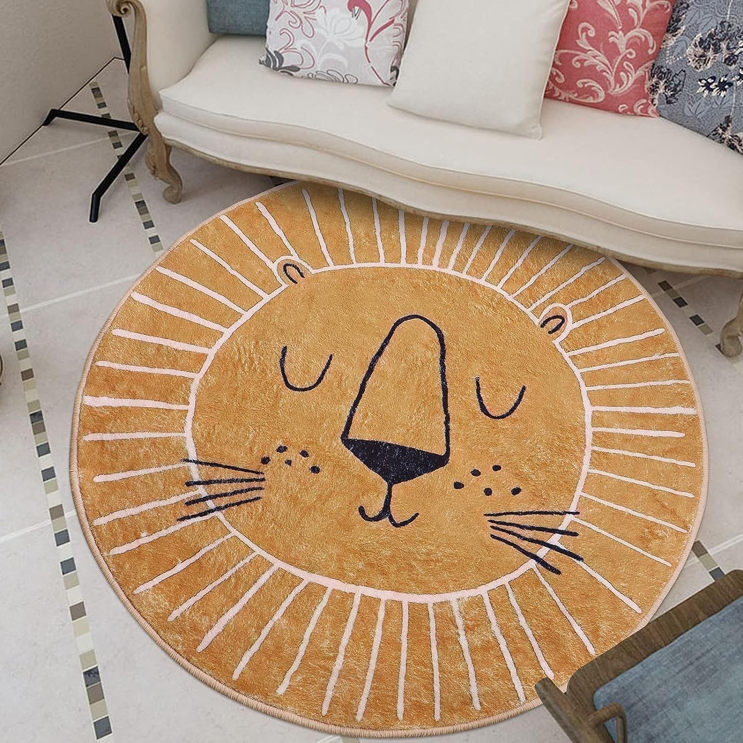 Tapis Rond Marron et Jaune, Motif tête de Lion, Tapis pour Enfant, Dessous antidérapant, Lavable, Tapis de Jeu intérieur et extérieur (120x120cm)