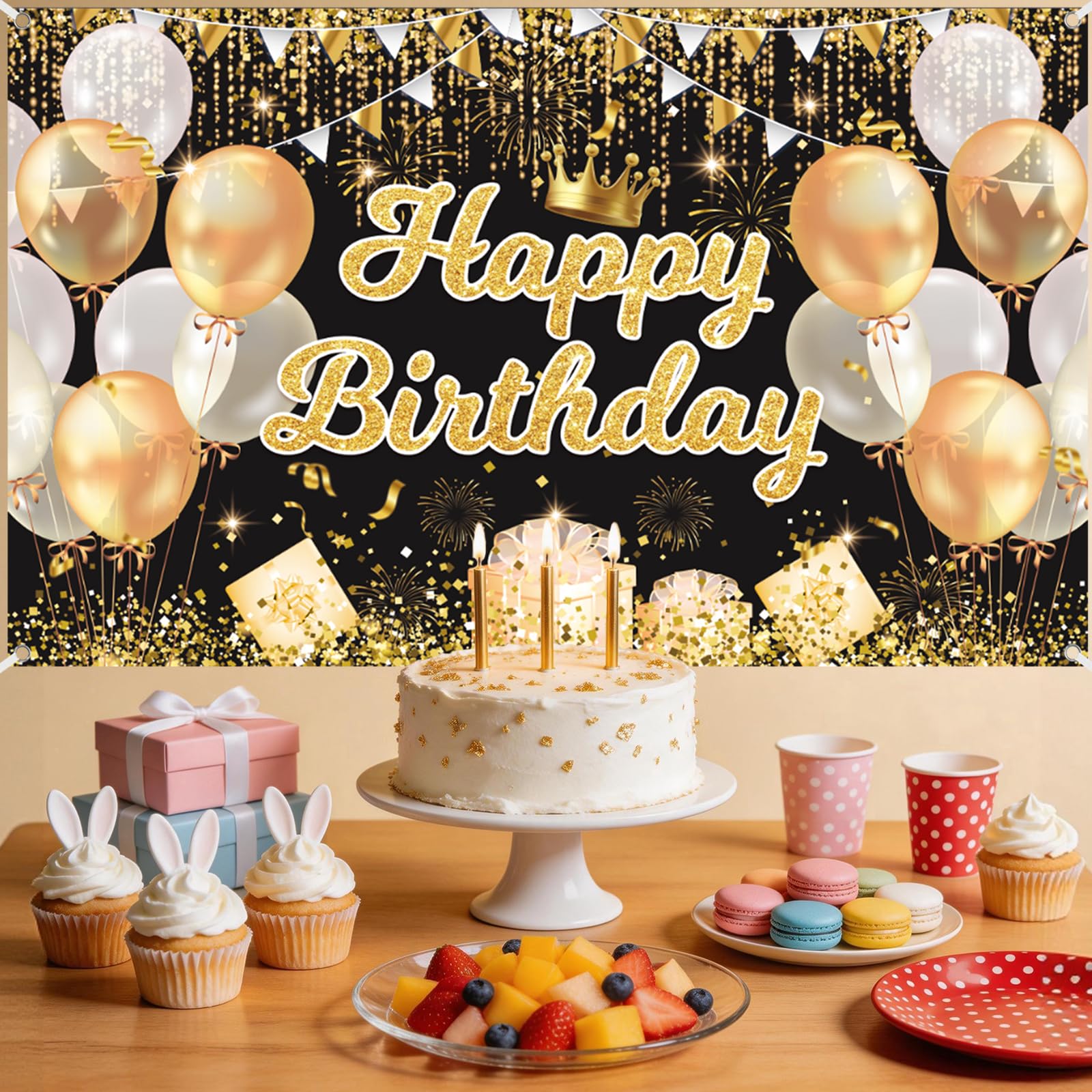 Birthday Banner Backdrop, Extra Large Happy Birthday Banner Decorations Photo Booth Background Sign Poster for Women 180×110cm (Black Gold) — image 1