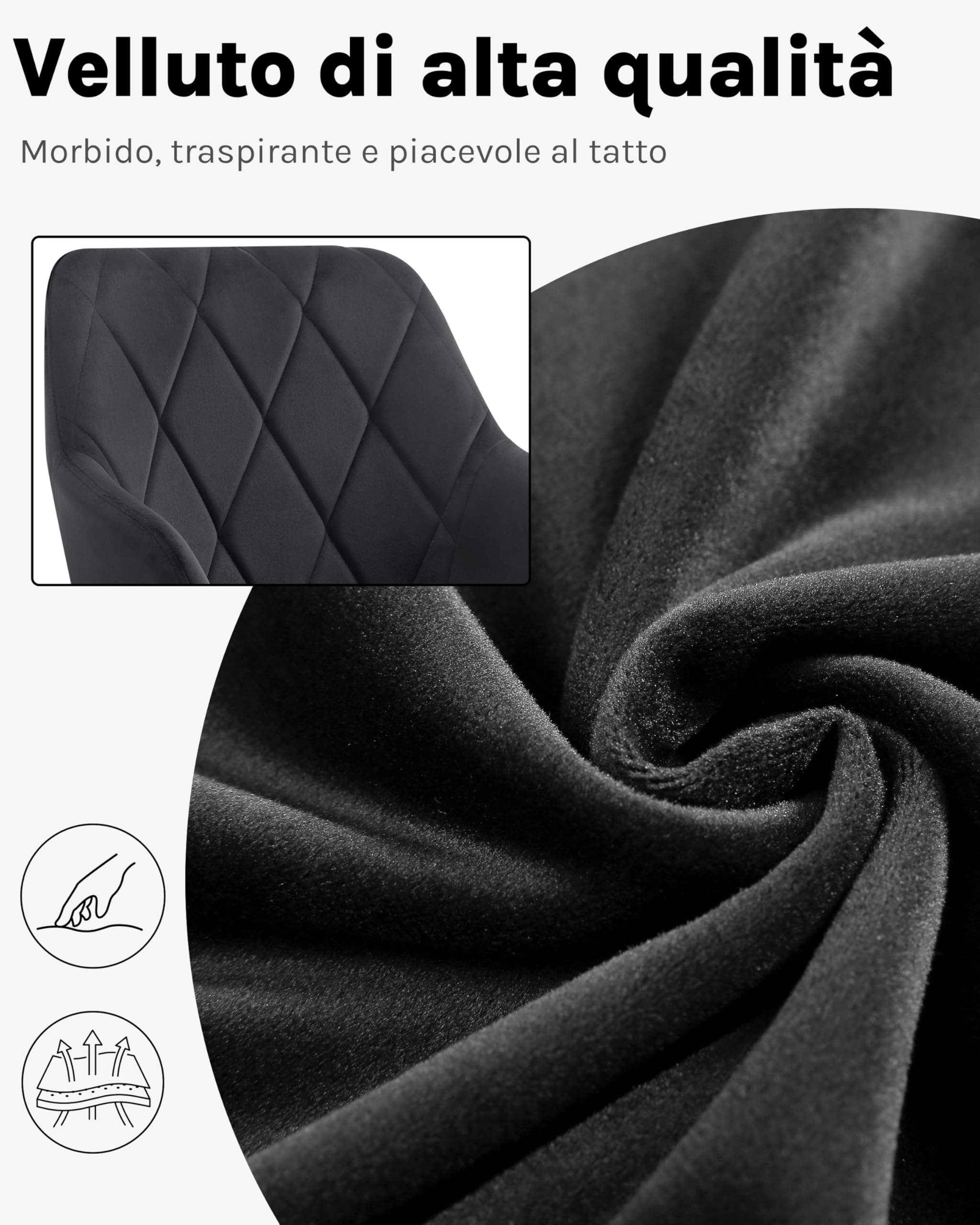 WOLTU Set di 6 Sedie per Sala da Pranzo Imbottita, Poltroncina in Velluto,Sedia da Cucina con Braccioli e Schienale, Gambe in Metallo, Nero,