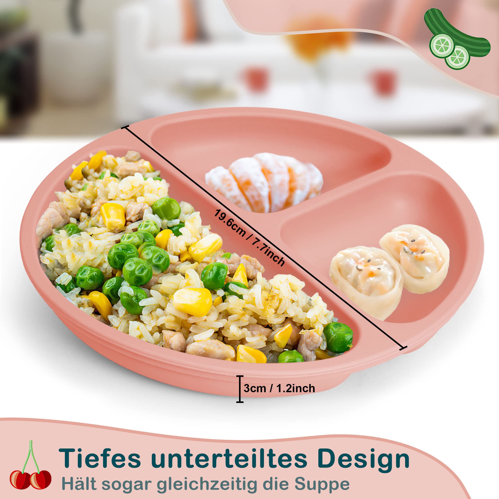 MOJINL Children's Plate with Suction Cup Non-Slip Silicone BPA Free Baby Plate Children's Place Mat Baby Tableware Dishwasher Safe for Toddlers Pack of 3 (Grey/Beige/Orange-Red) - Image 2