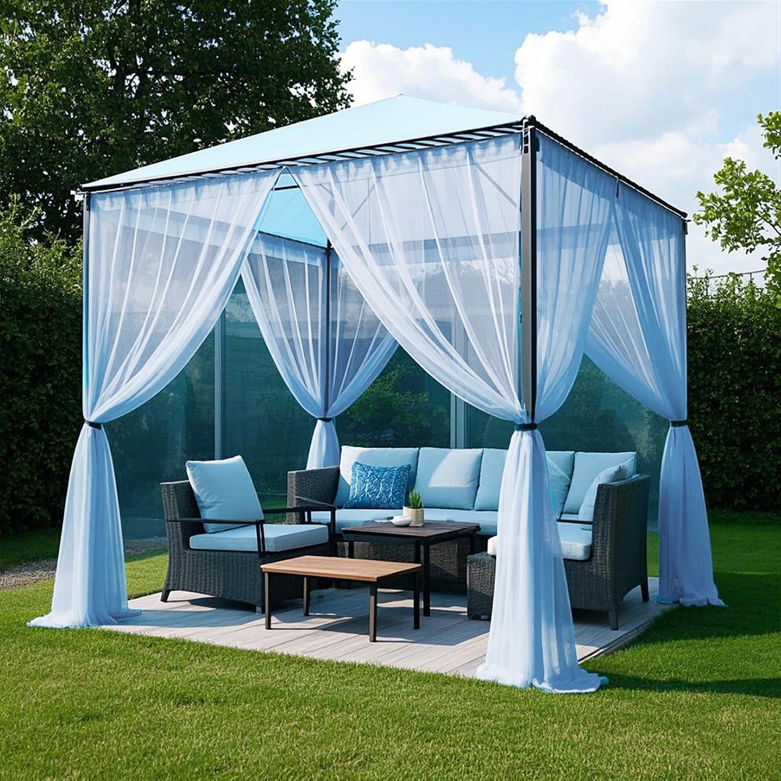 SK Studio Blue Outdoor Sheer Curtains for Patio Waterproof 1 Panel Sheer Curtains Privacy Screen Mesh Net Outside Curtains Rod Pocket for Gazebo, Porch, Pergola, 63W x 84L