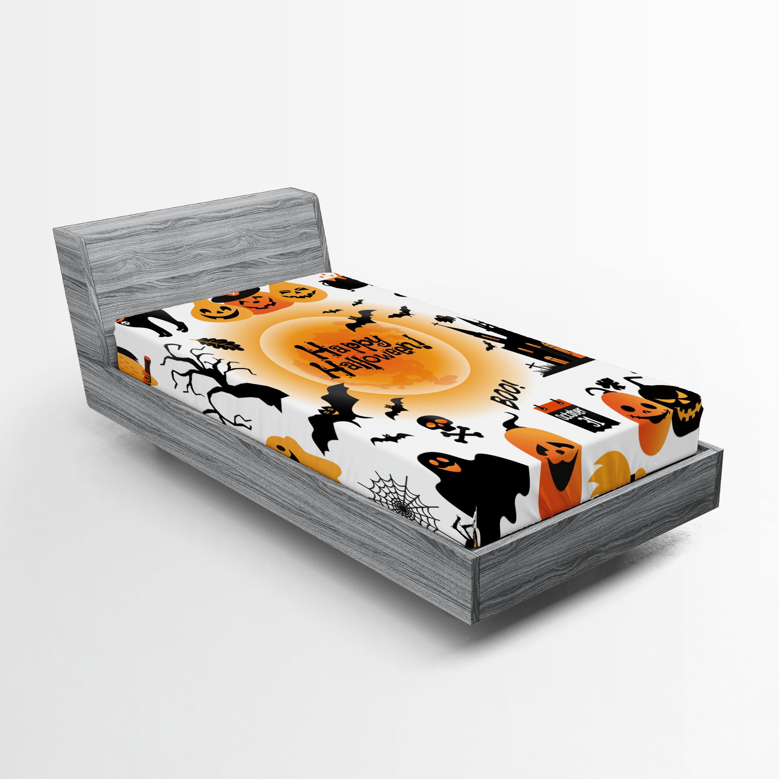 Ambesonne Halloween 2 Pack Fitted Sheet, Happy Ghost, Bed Cover All-Round Elastic Deep Pockets 2 Pieces, Package Contains 2 Twin XL Size Fitted Sheets, Orange Black