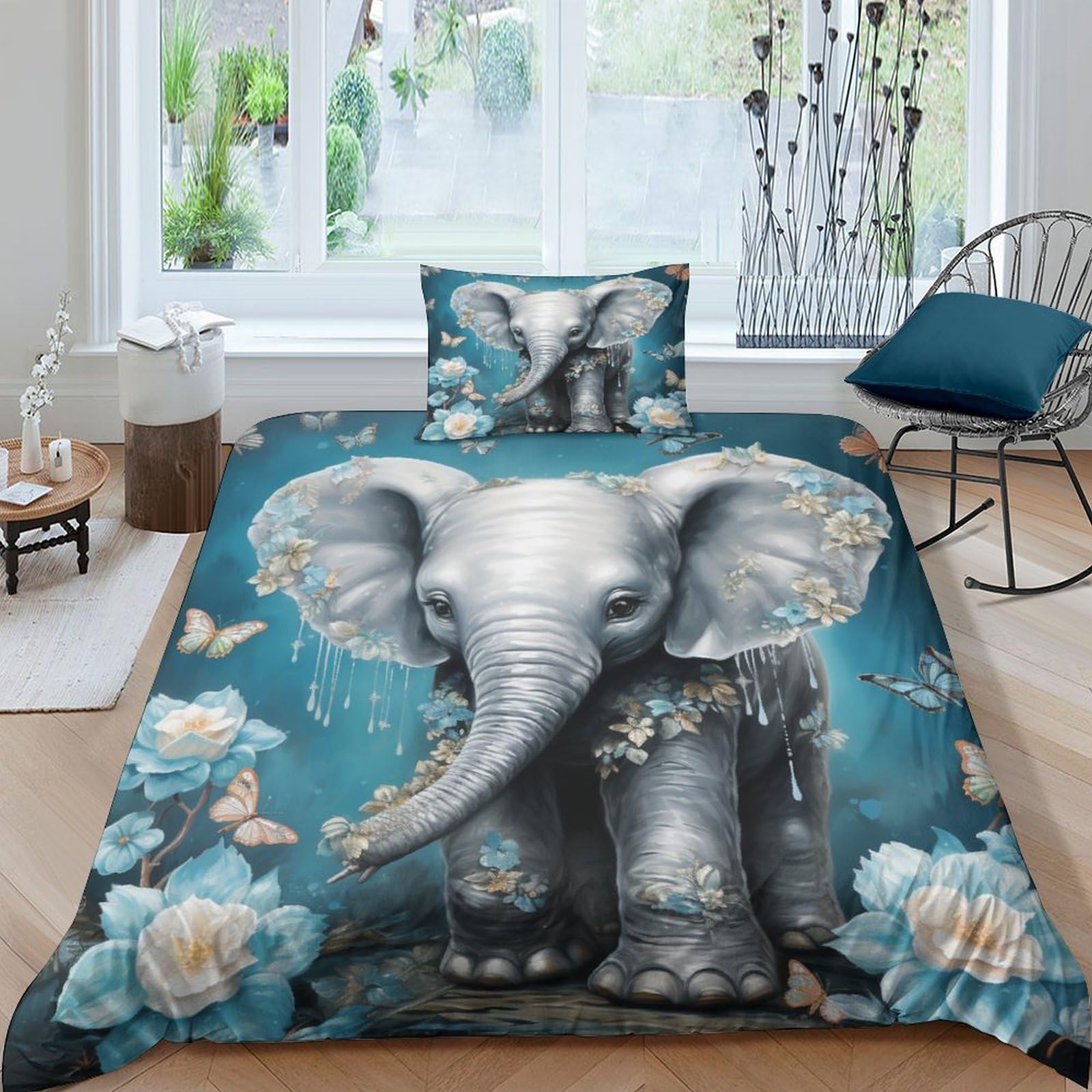 Set copripiumino con elefante stampato in 3D, per ragazzi e ragazzi, per letto singolo (135 x 200 cm), set copripiumino per decorazione della stanza, set da 3 pezzi
