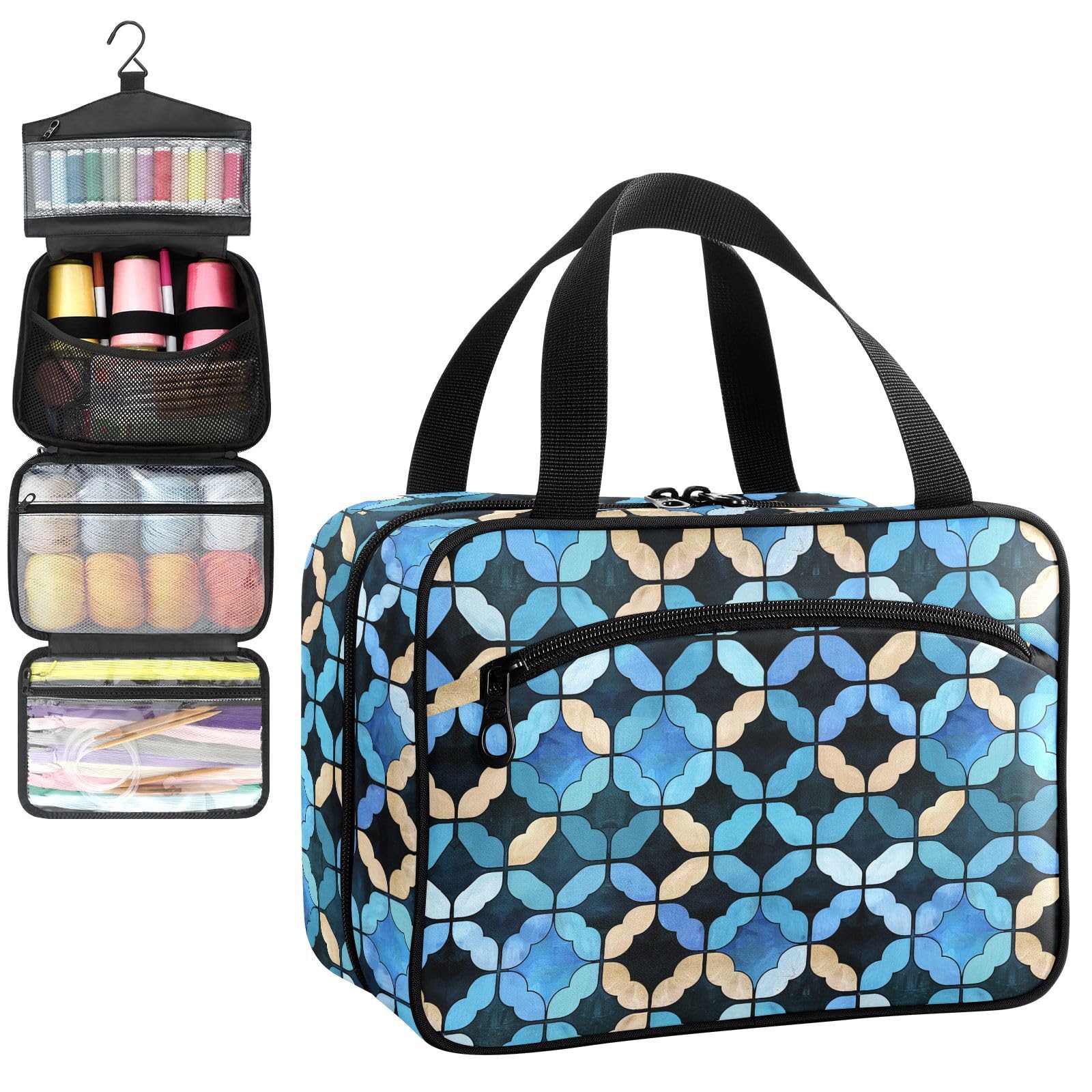 YNNALE Sewing Supply Organizer Bag, Blue and Black Geometry Patterned Portable Sewing Bags with Pockets&Hanger, Sewing Storage Box Case for Sew Supplies/Kit/Tools/Accessories (BAG ONLY)