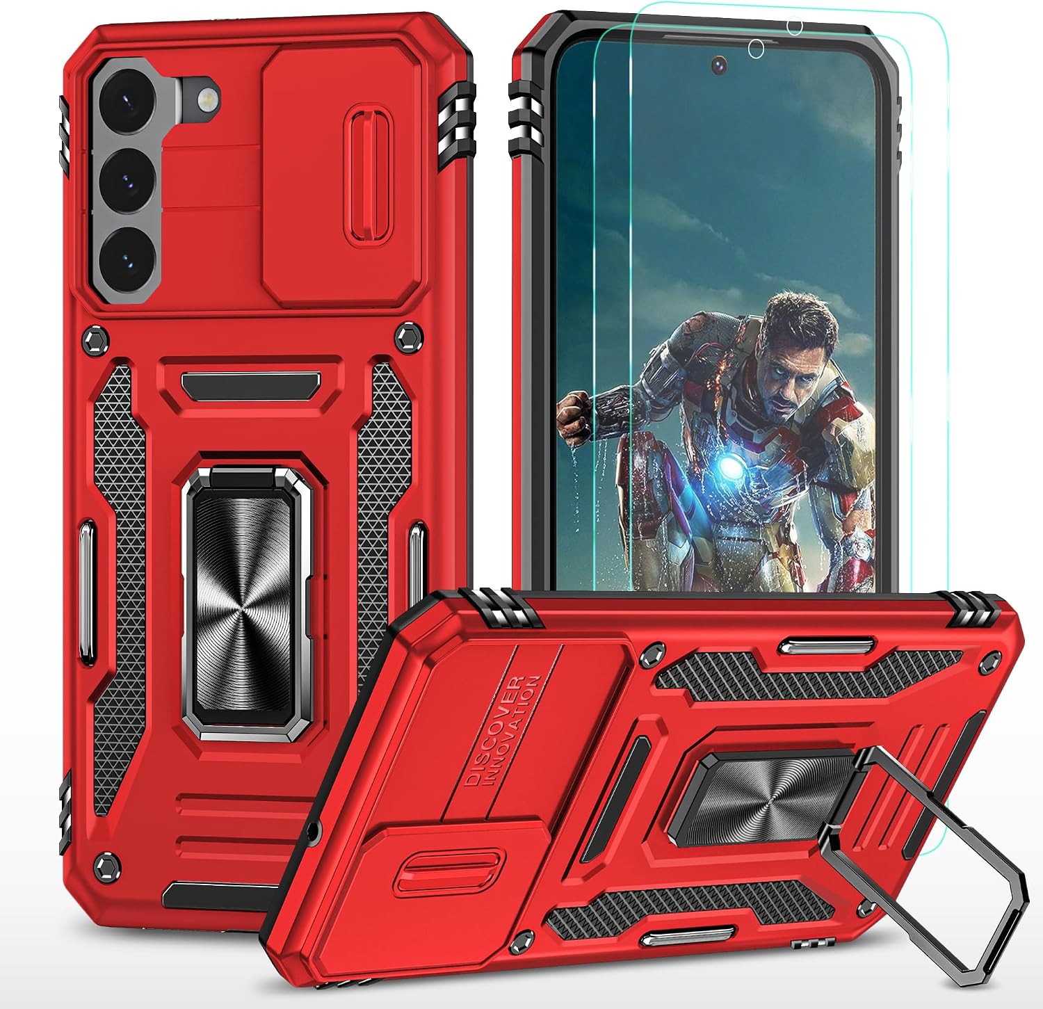 YmhxcY Case for Samsung Galaxy S22 2 Screen Protectors Slide Camera Cover Military Grade Protective Case 360  Rotating Metal Stand for Samsung Galaxy S22 Case Red