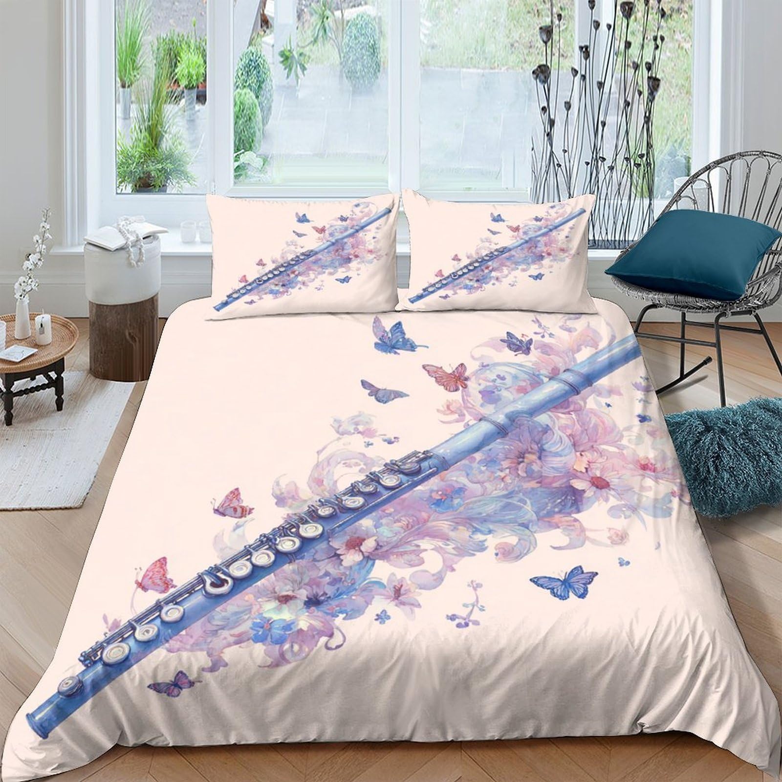 Ctjqhvkz Style-10 3D Printed Flute Butterfly Fitted Sheet Microfiber Soft Bed Cover Watercolor Music Decor For Bedroom Guest Room Single（135X200cm）