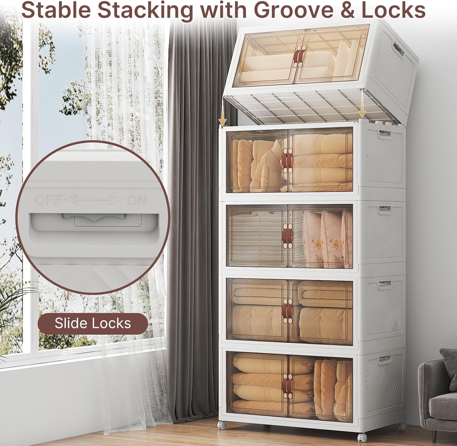 800Qt Stackable Storage Bins with Lids, 5 Pack Large Collapsible Bins with Wheels, Plastic Cabinet with Doors, Foldable Closet Organizers and Storage for Home, Dorm, Office, White