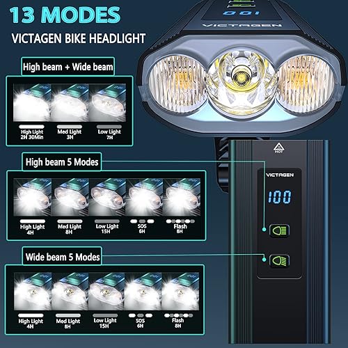 Miniatura 8 de Victagen Luces de bicicleta superbrillantes de 8000 lúmenes para conducción nocturna, 3 luces LED superbrillantes para faros de bicicletabicicleta