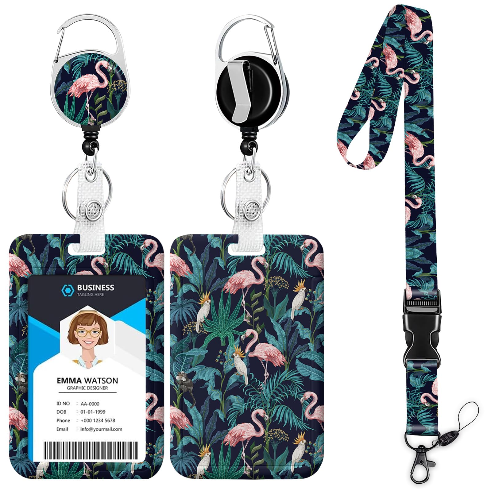 Tropical Flamingo Lanyards for ID Badges,Parrot Badge Holder with Lanyard Badge Reel Retractable Keychain ID Name Tag Work Badge Clip for Teacher