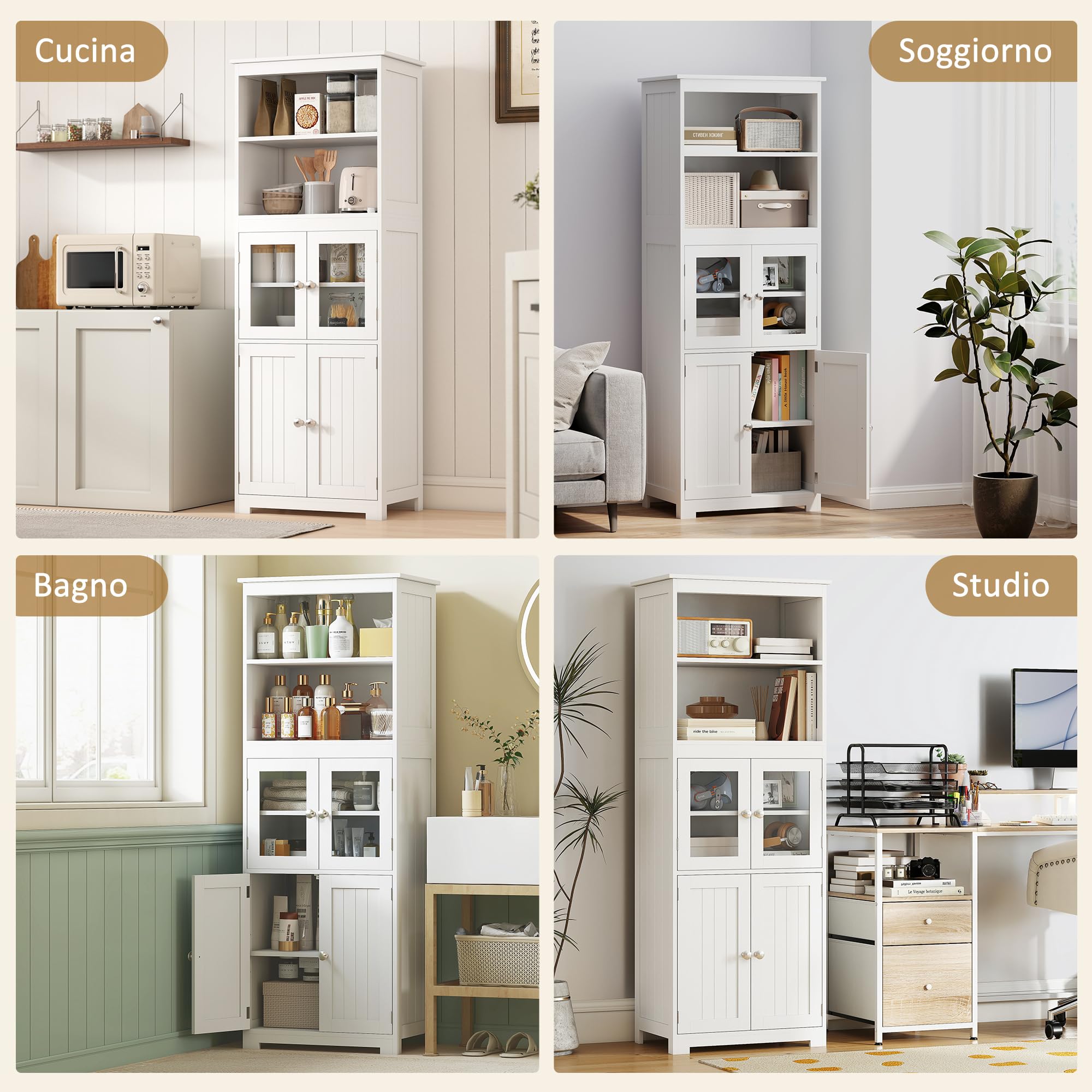 HOMCOM Credenza Cucina con 2 Ripiani Aperti e 2 Armadietti con Ante, Mobile Cucina in MDF e Vetro Temperato, 60x30x162 cm, Bianco