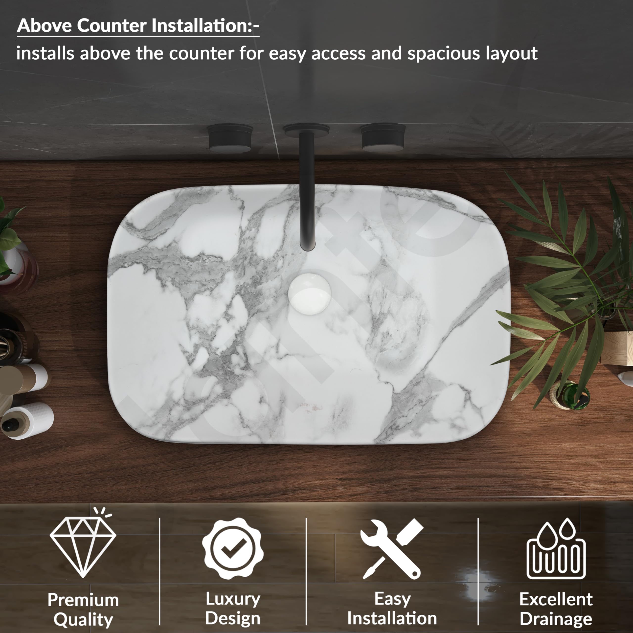 Plantex Ceramic Tabletop Washbasin for Bathroom/Designer Counter Top Hand Wash Basin/Rectangle Bathroom sink for Home/Office (21.5x14x5 Inch -Marble Finish) - Image 5 thumbnail